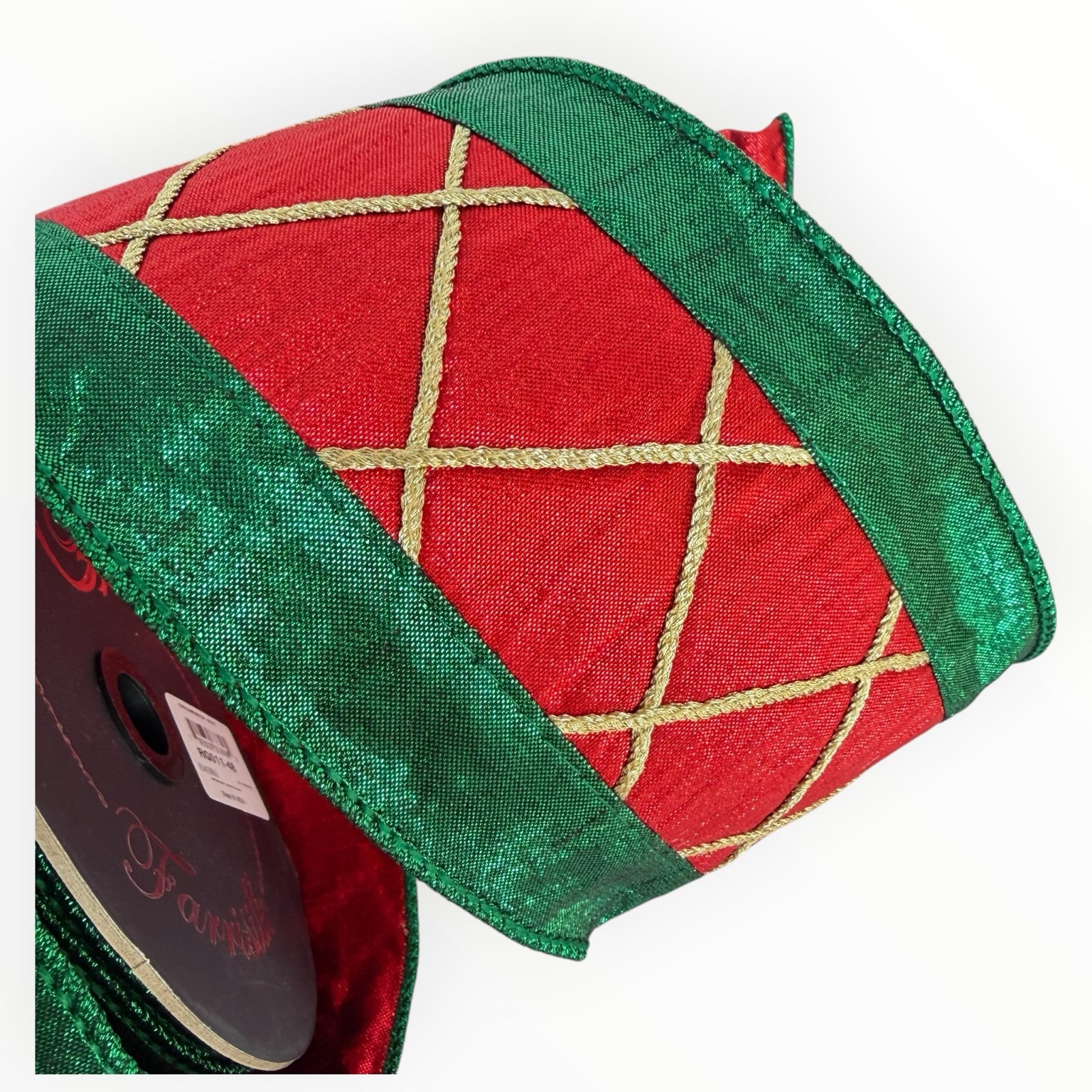 Red Green Christmas Wired Ribbon with Gold Lattice | Farrisilk Ribbon | 4" X 10 yards