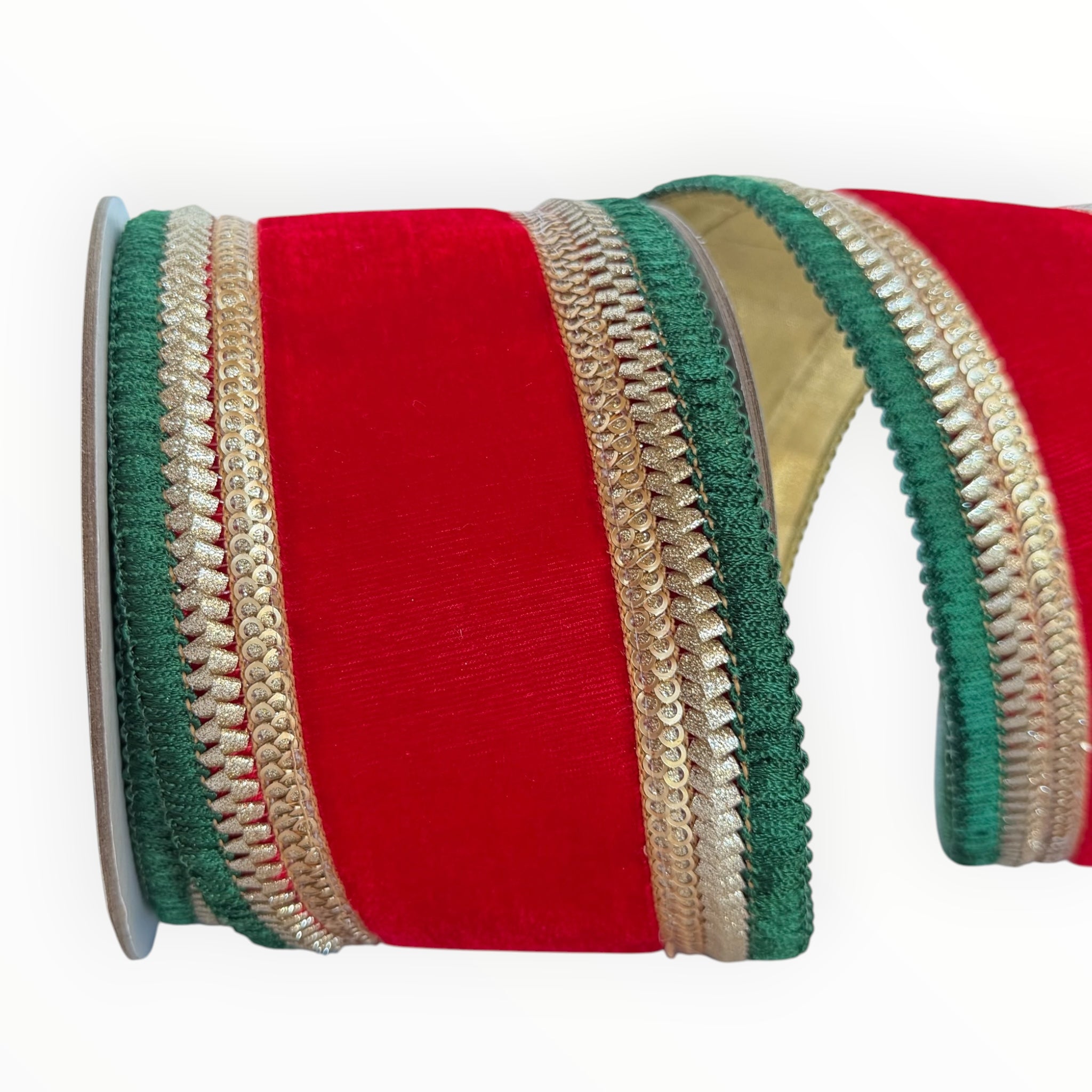 Red Velvet Christmas Ribbon Gold & Green Wired Ribbon by Farrisilk