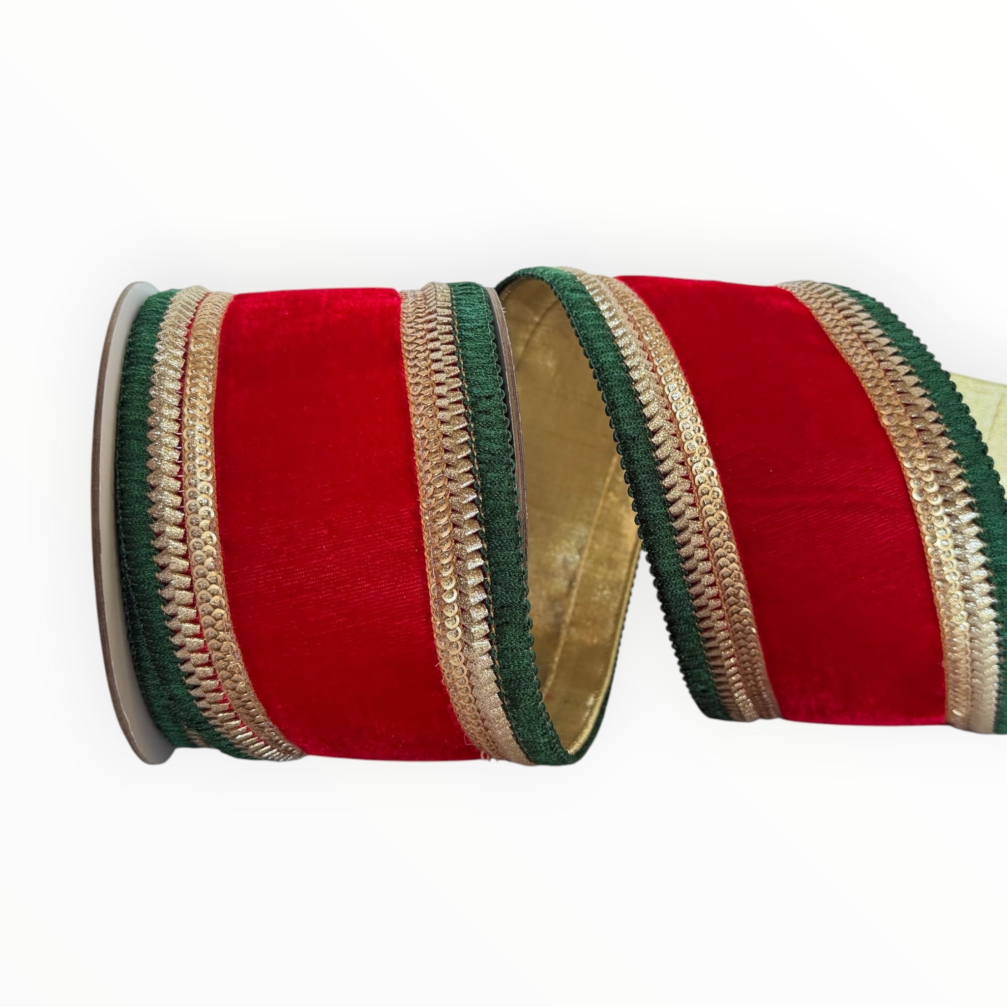 Red Velvet Christmas Ribbon Gold & Green Wired Ribbon by Farrisilk