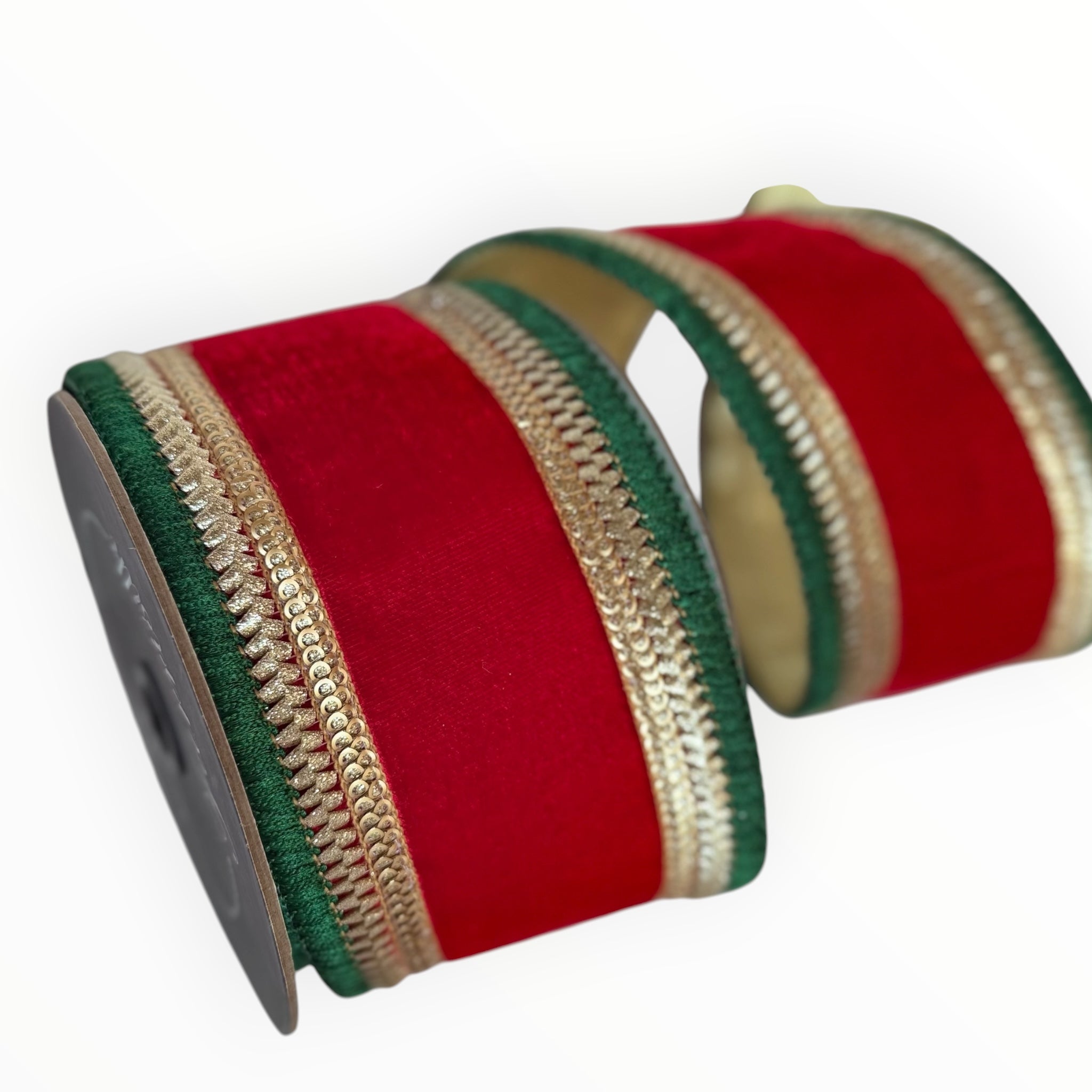 Red Velvet Christmas Ribbon Gold & Green Wired Ribbon by Farrisilk
