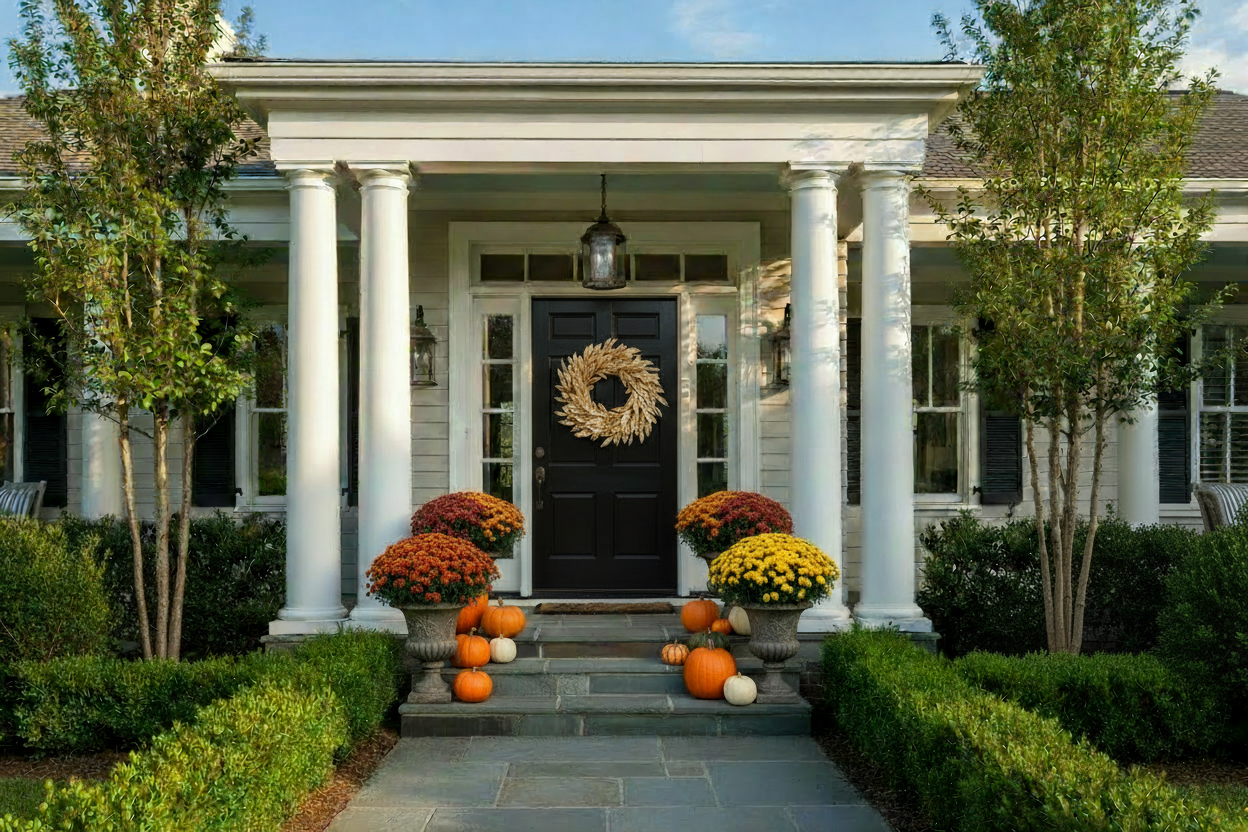 Gold Bay Leaf Wreath on Black Southern Front Door with Fall Decor