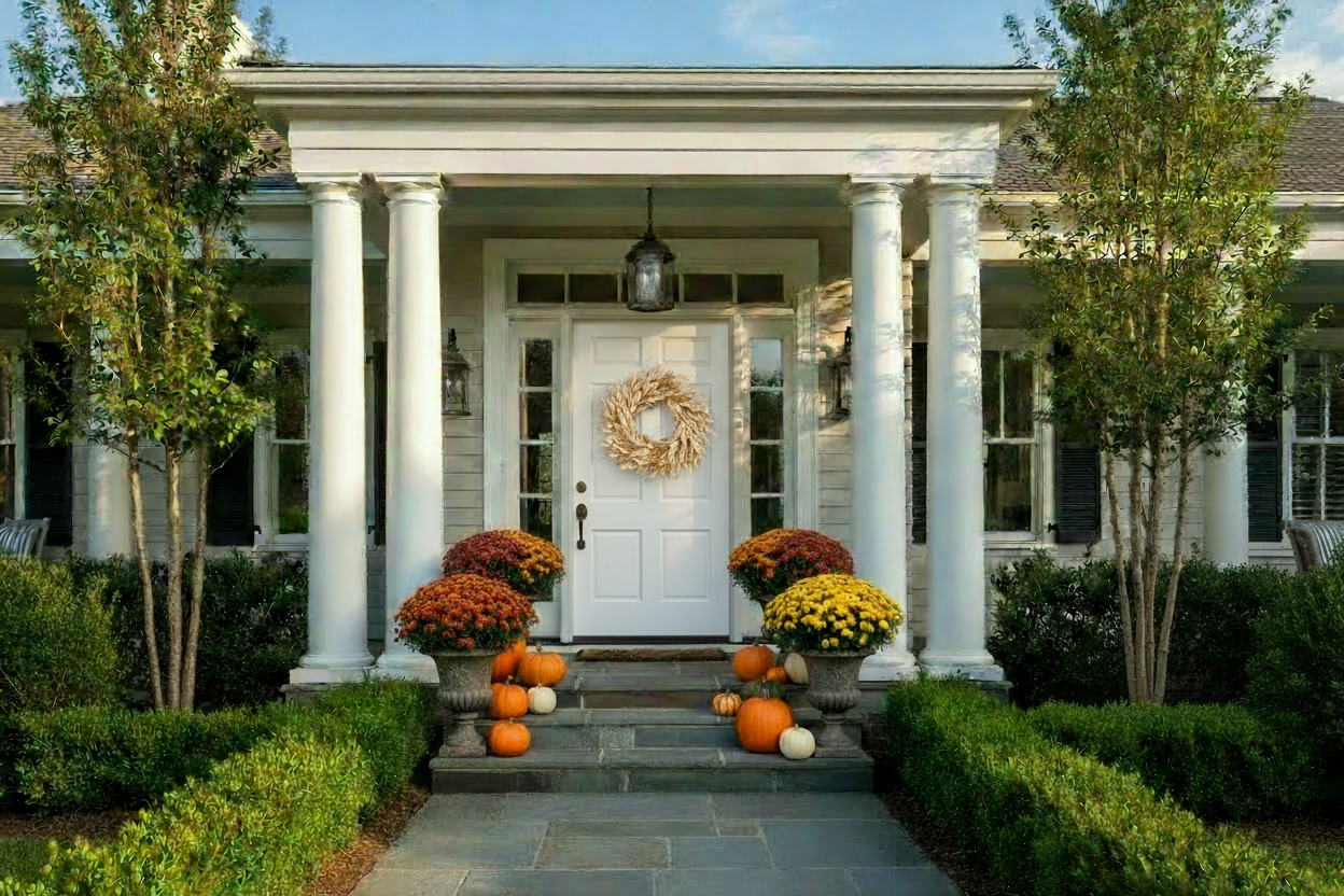Gold Bay Leaf Wreath on White Southern Front Door with Fall Decor