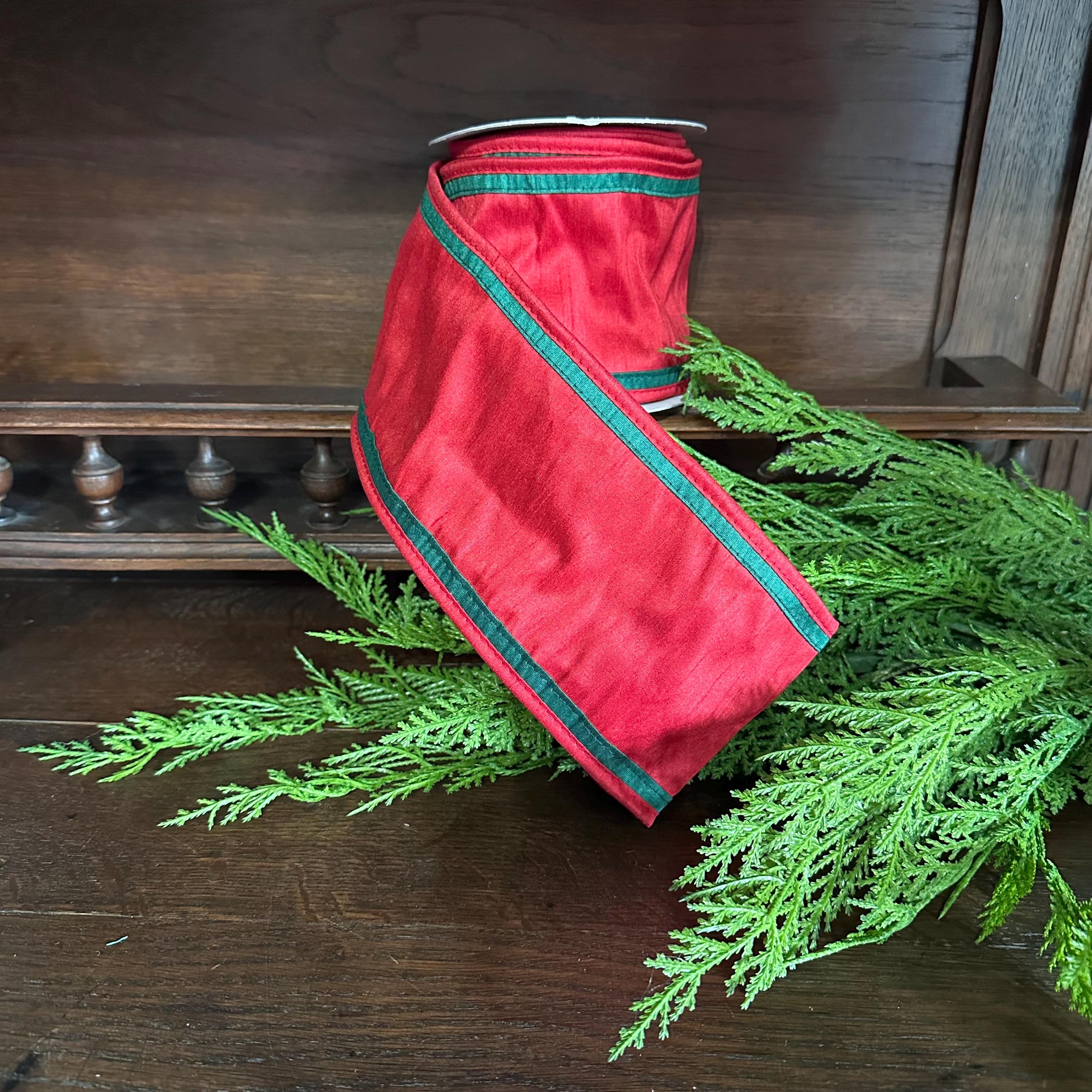 Red Christmas Ribbon, Double Sided Wired Ribbon with Green Edge, Holiday Ribbon for Wreaths, Bows & Gift Wrapping