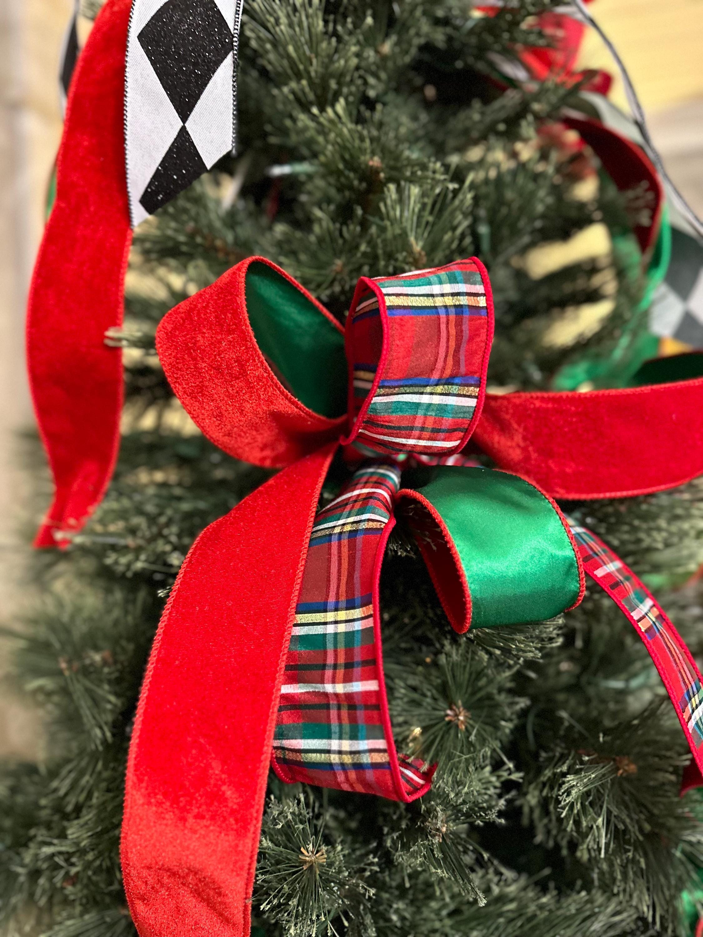 Christmas Ribbon, Red Velvet Wired Ribbon, Double Sided Ribbon, Green Satin Back Ribbon, Wreath Ribbon, Christmas Tree Ribbon