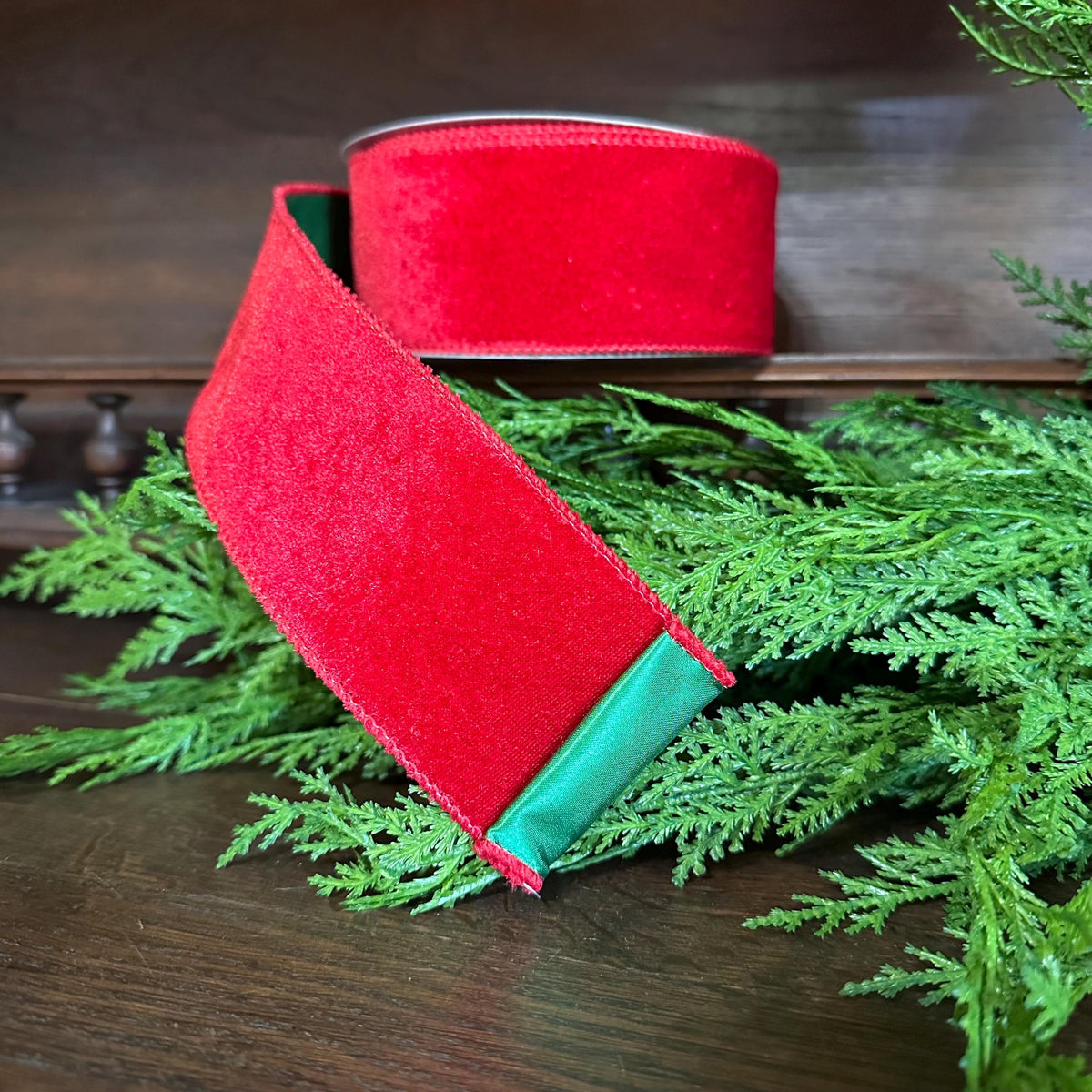 Christmas Ribbon, Red Velvet Wired Ribbon, Double Sided Ribbon, Green Satin Back Ribbon, Wreath Ribbon, Christmas Tree Ribbon