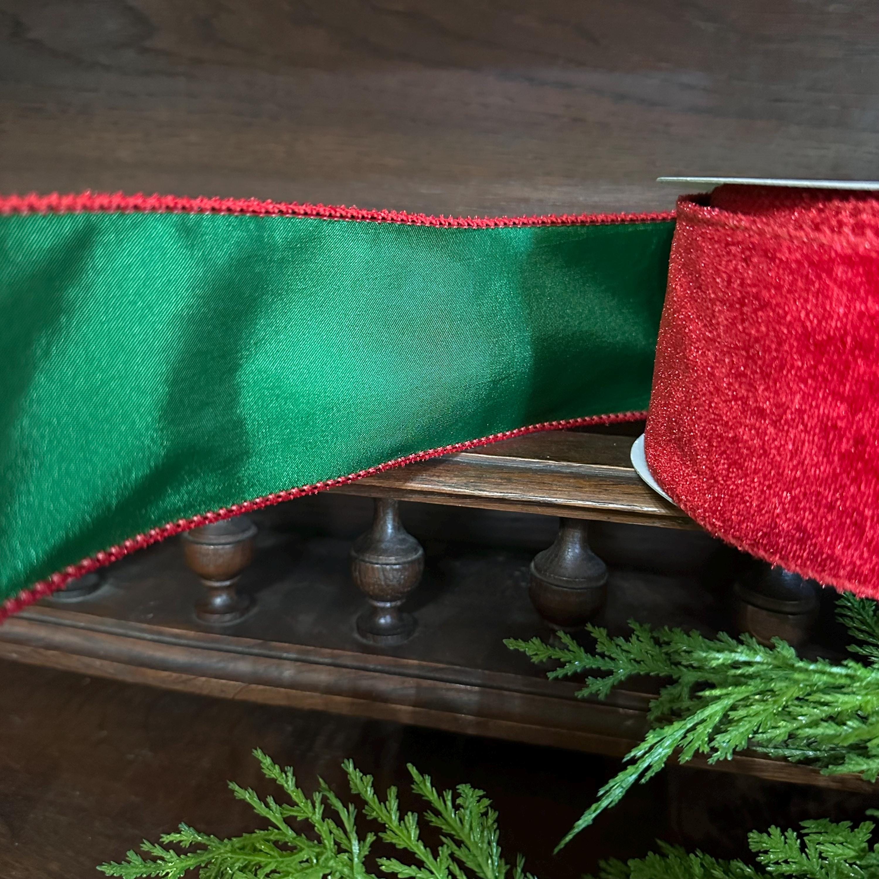 Christmas Ribbon, Red Velvet Wired Ribbon, Double Sided Ribbon, Green Satin Back Ribbon, Wreath Ribbon, Christmas Tree Ribbon