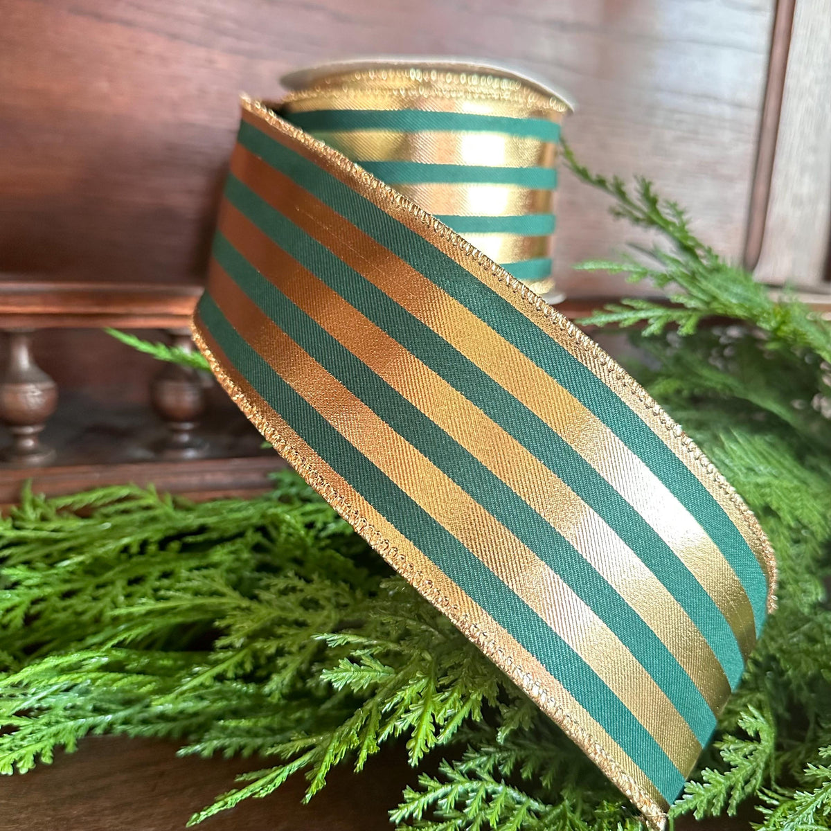 Green and Gold Striped Ribbon Christmas Ribbon Wired Edge ribbon Wreath Ribbon Floral Arrangement Ribbon Gift Wrapping Holiday Decor