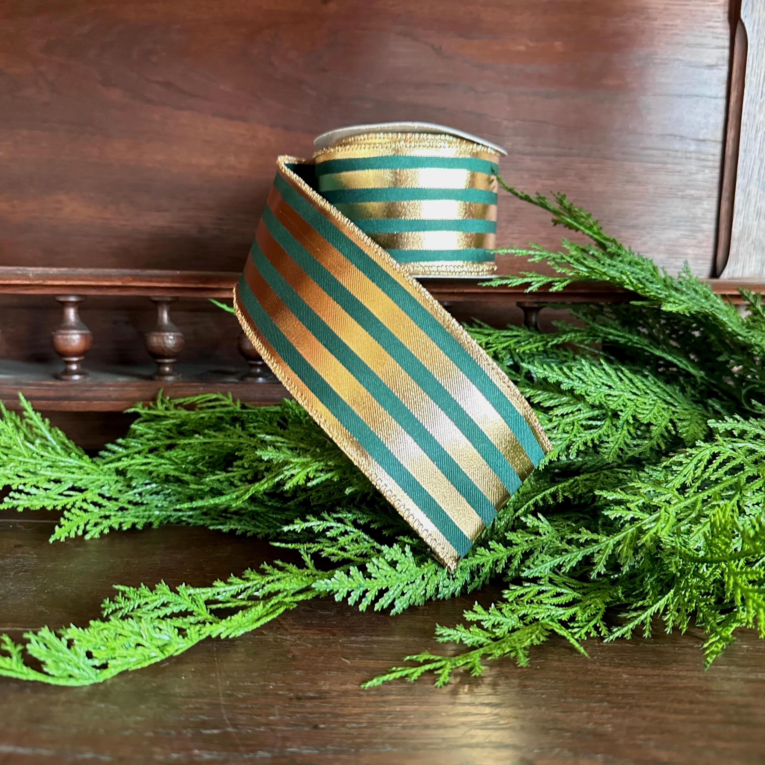 Green and Gold Striped Ribbon Christmas Ribbon Wired Edge ribbon Wreath Ribbon Floral Arrangement Ribbon Gift Wrapping Holiday Decor