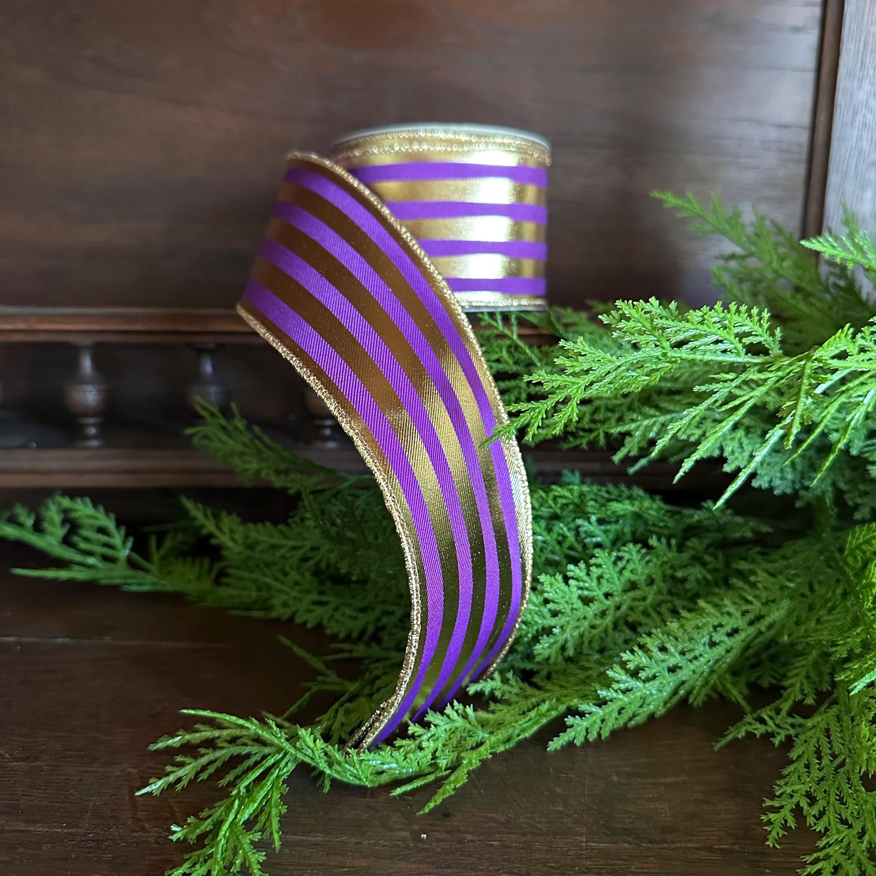 Purple Gold Metallic Stripe Wired Edge Ribbon Christmas Ribbon Fall Ribbon Vertical Stripe Ribbon for Bows Wreaths Holiday Decor Bow Making