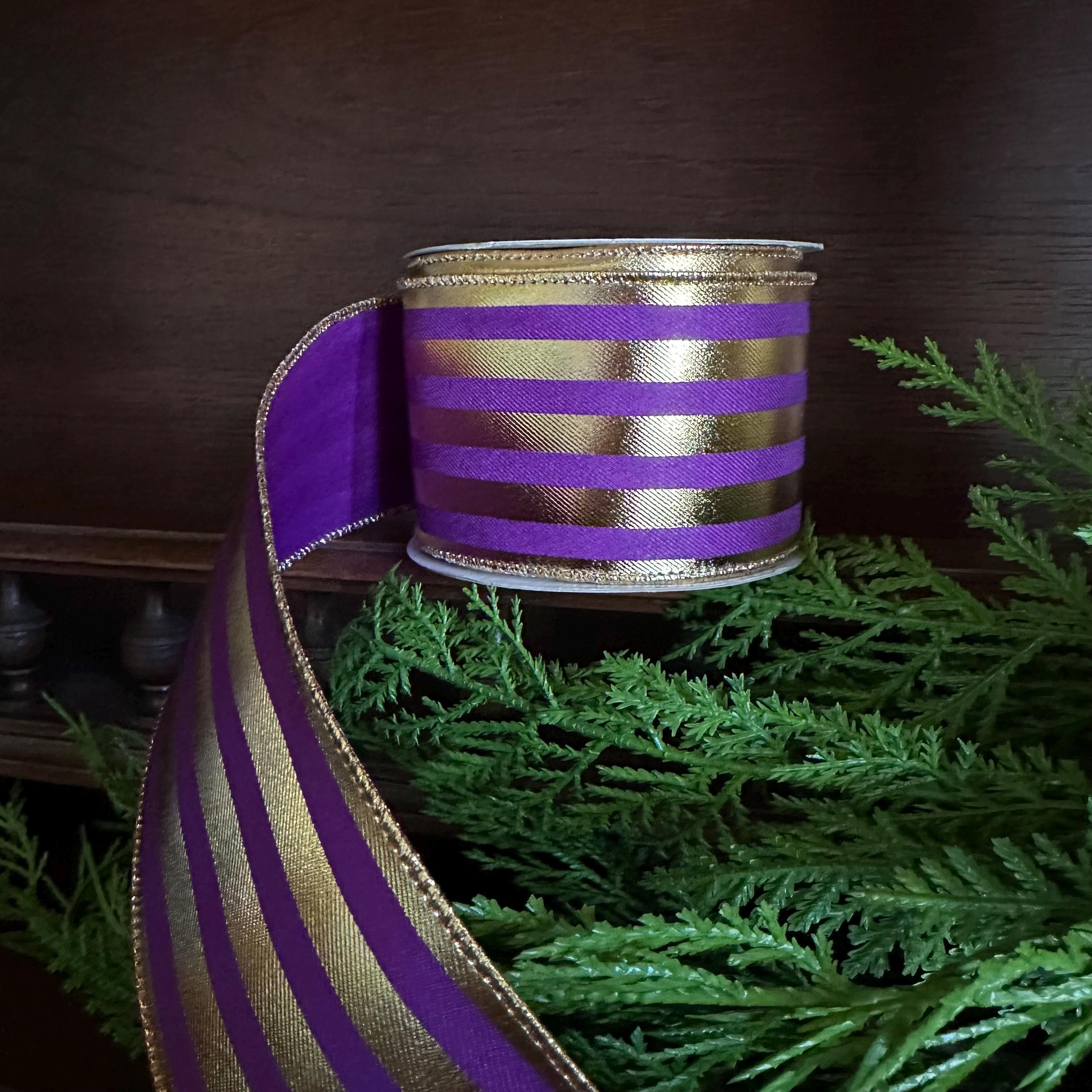 Purple Gold Metallic Stripe Wired Edge Ribbon Christmas Ribbon Fall Ribbon Vertical Stripe Ribbon for Bows Wreaths Holiday Decor Bow Making