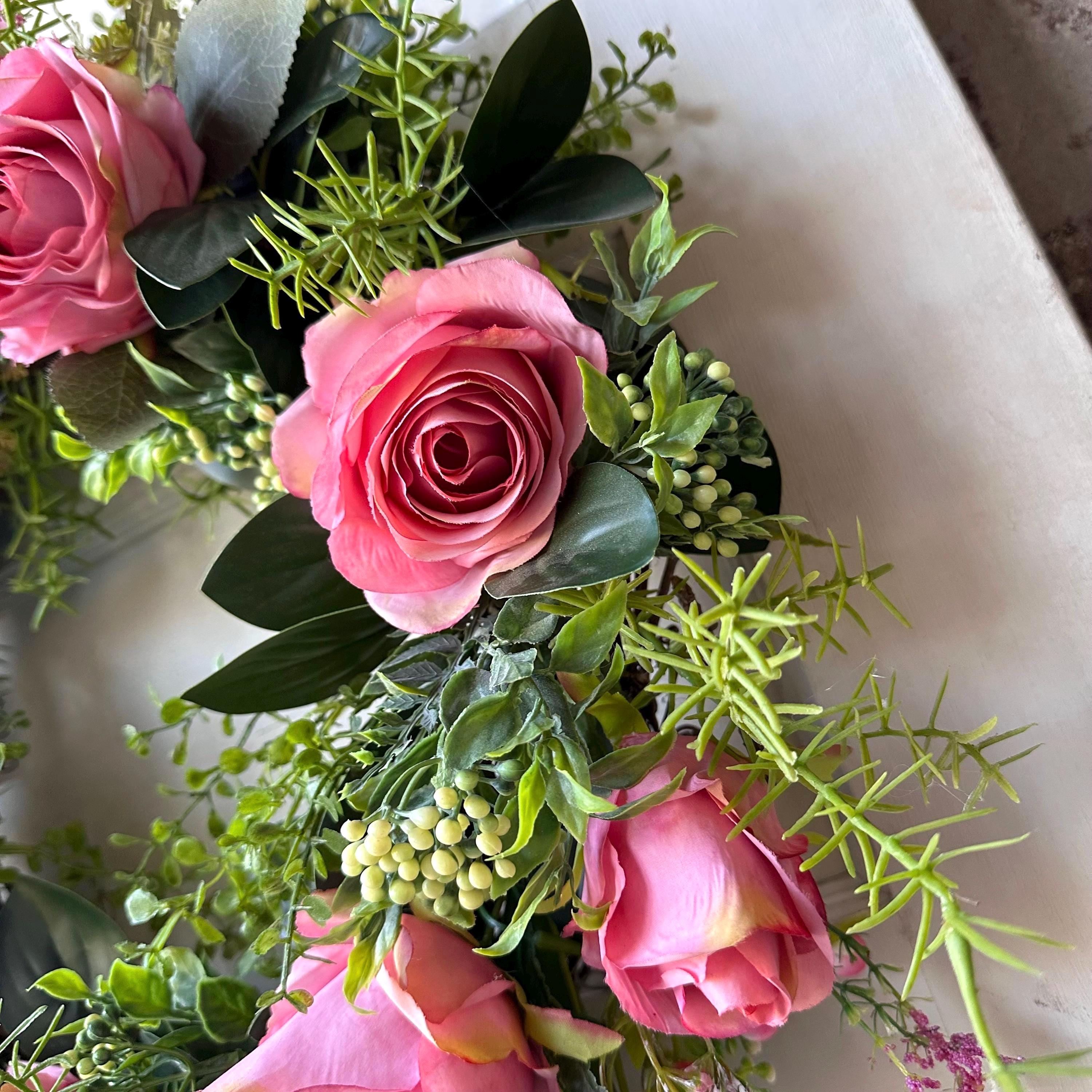 Pink Rose Wreath 20 Inch Front Door Wreath Spring Summer Floral Wreath Artificial Roses Greenery Wedding Decor Farmhouse Wall Hanging