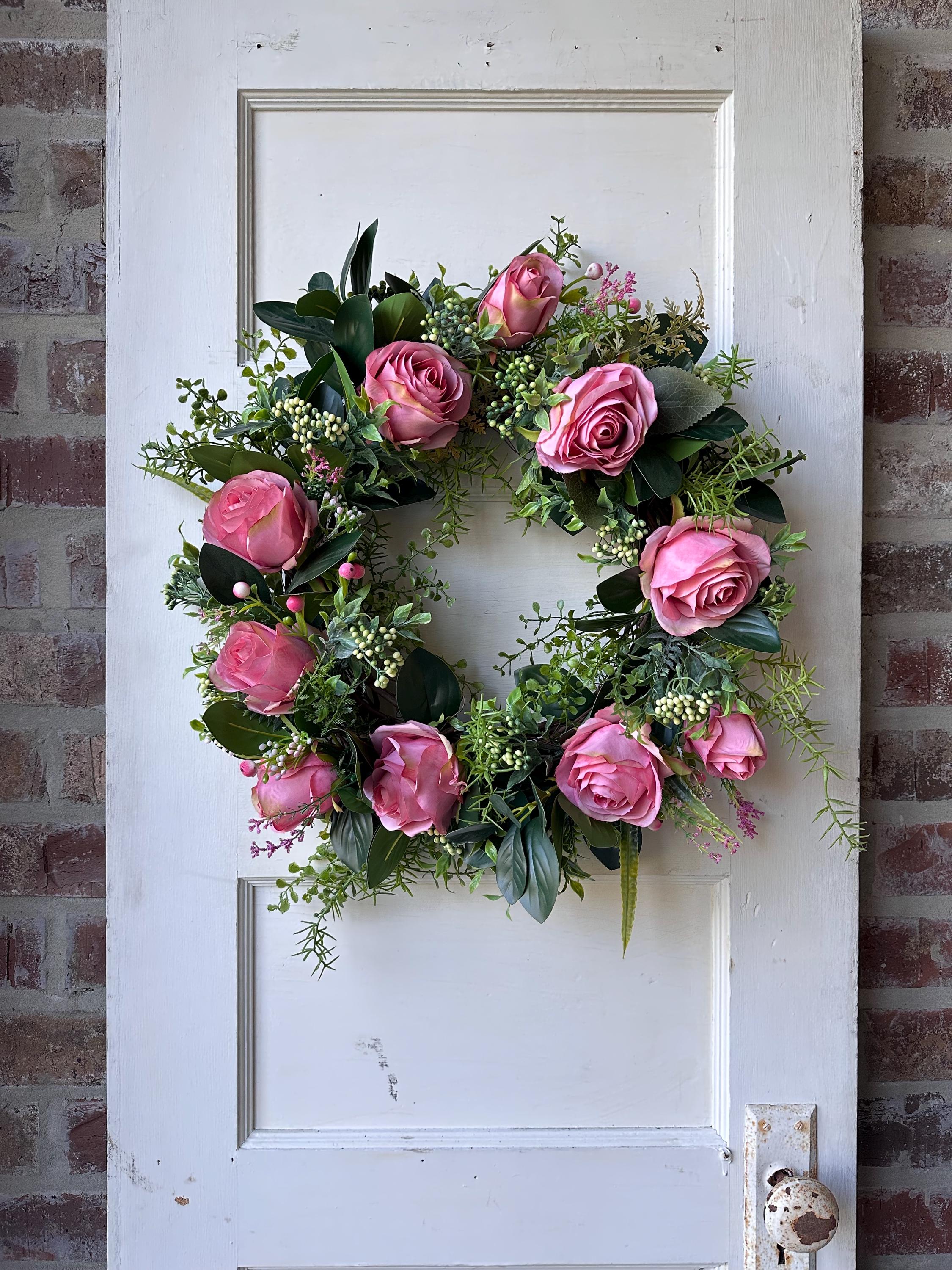 Pink Rose Wreath 20 Inch Front Door Wreath Spring Summer Floral Wreath Artificial Roses Greenery Wedding Decor Farmhouse Wall Hanging