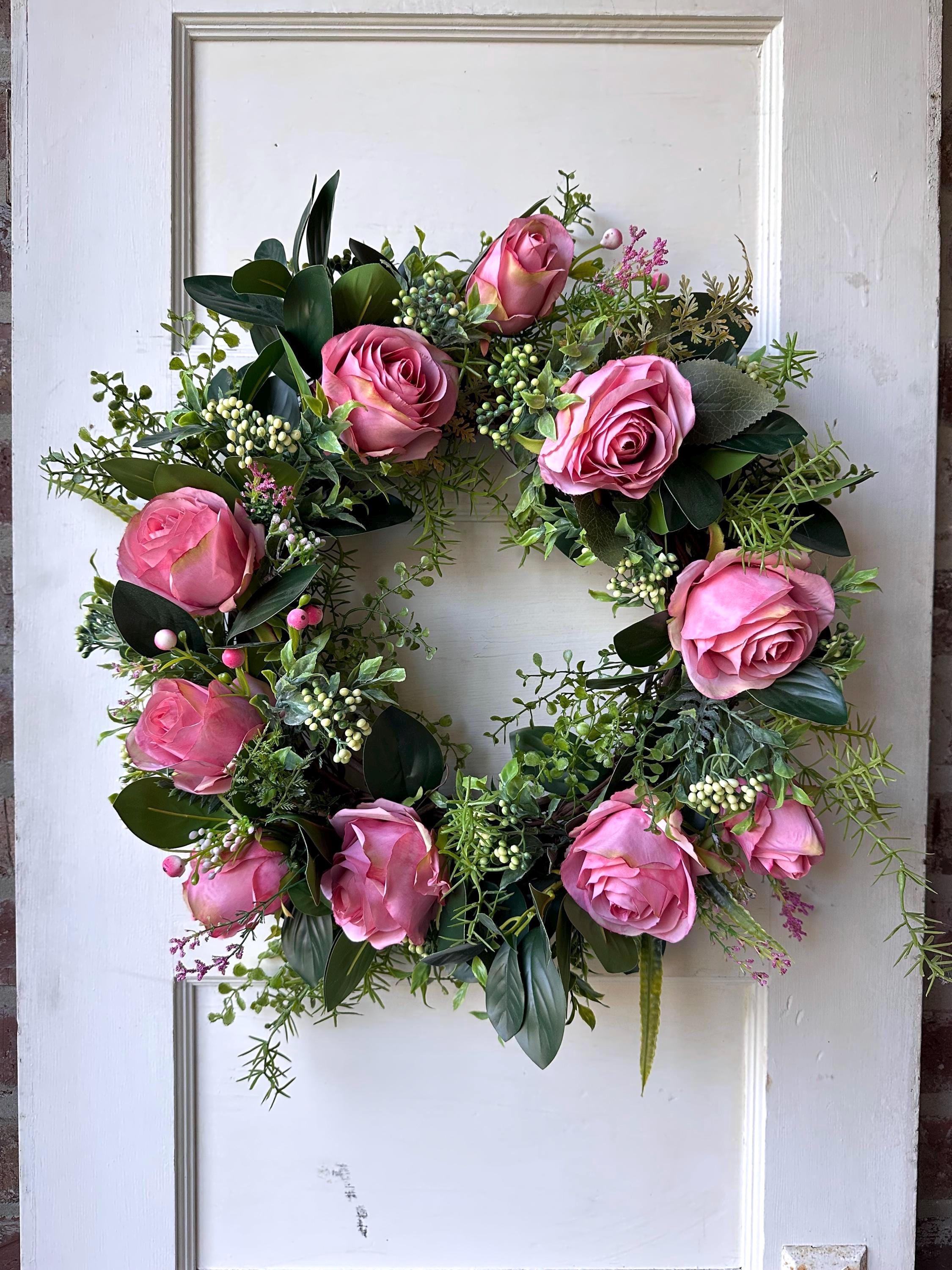 Pink Rose Wreath 20 Inch Front Door Wreath Spring Summer Floral Wreath Artificial Roses Greenery Wedding Decor Farmhouse Wall Hanging