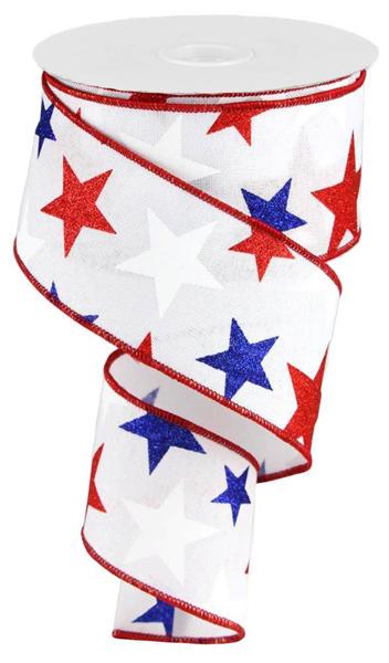 2.5" wide x 10 yards long Ribbon with a white background with red, white, blue start with glitter. The edge has a red wired edge.