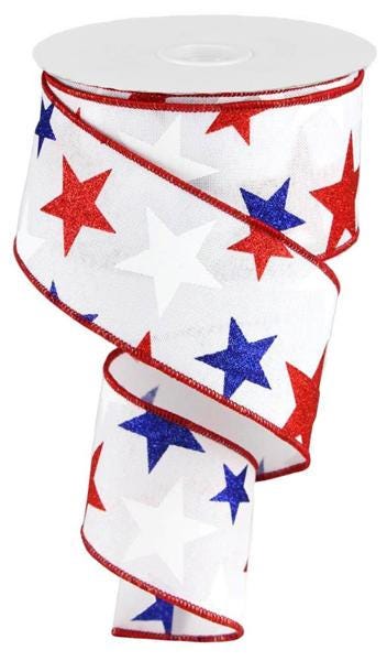 2.5" wide x 10 yards long Ribbon with a white background with red, white, blue start with glitter. The edge has a red wired edge.