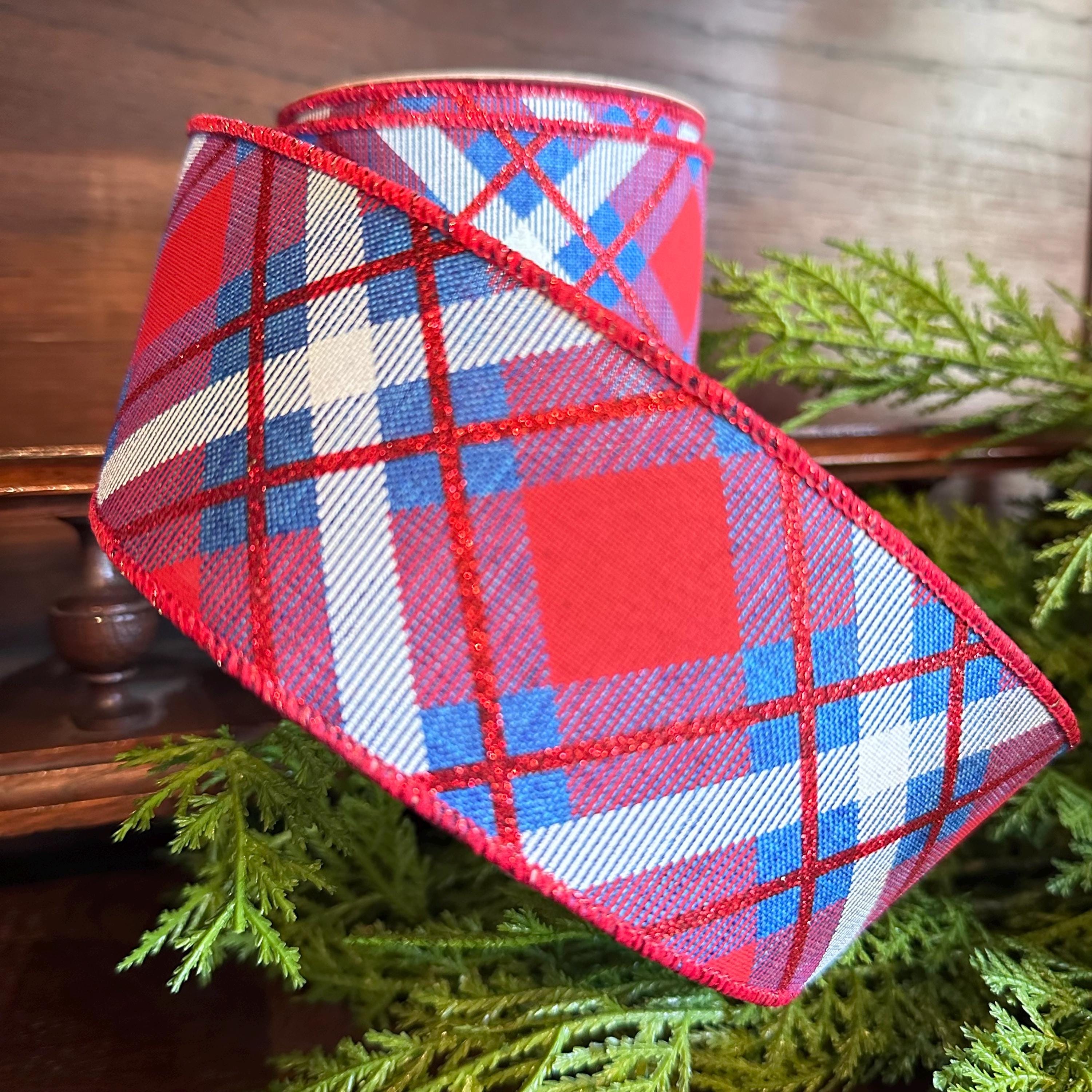 Plaid ribbon, Red White Blue Plaid, Wired Ribbon, 4th of July Decor, Craft Supply, Americana Decor, Summer Ribbon, gift wrapping