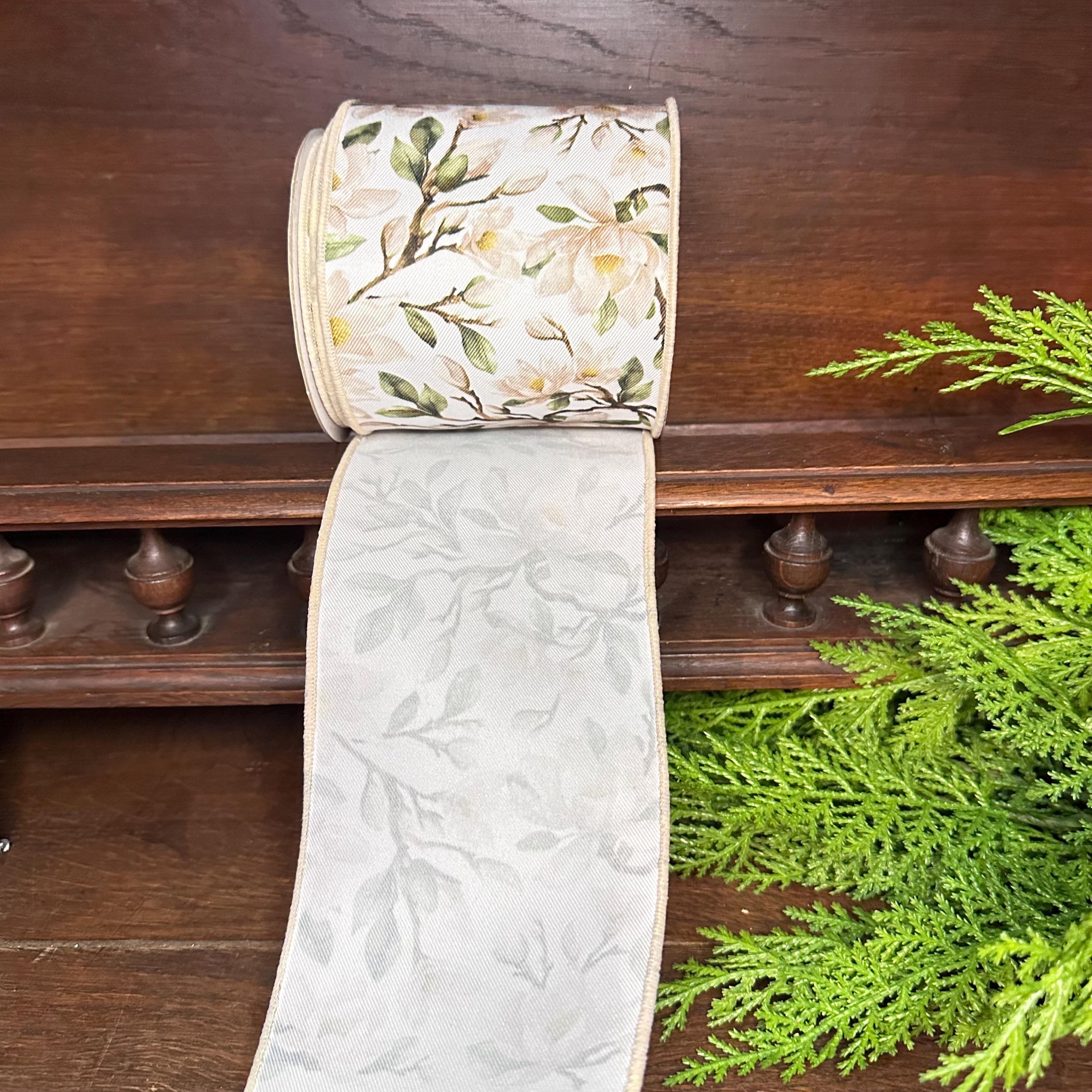 Designer Magnolia Floral Wired Ribbon, Soft Neutral Flower Ribbon for Wreaths and Décor 4"x 10yds