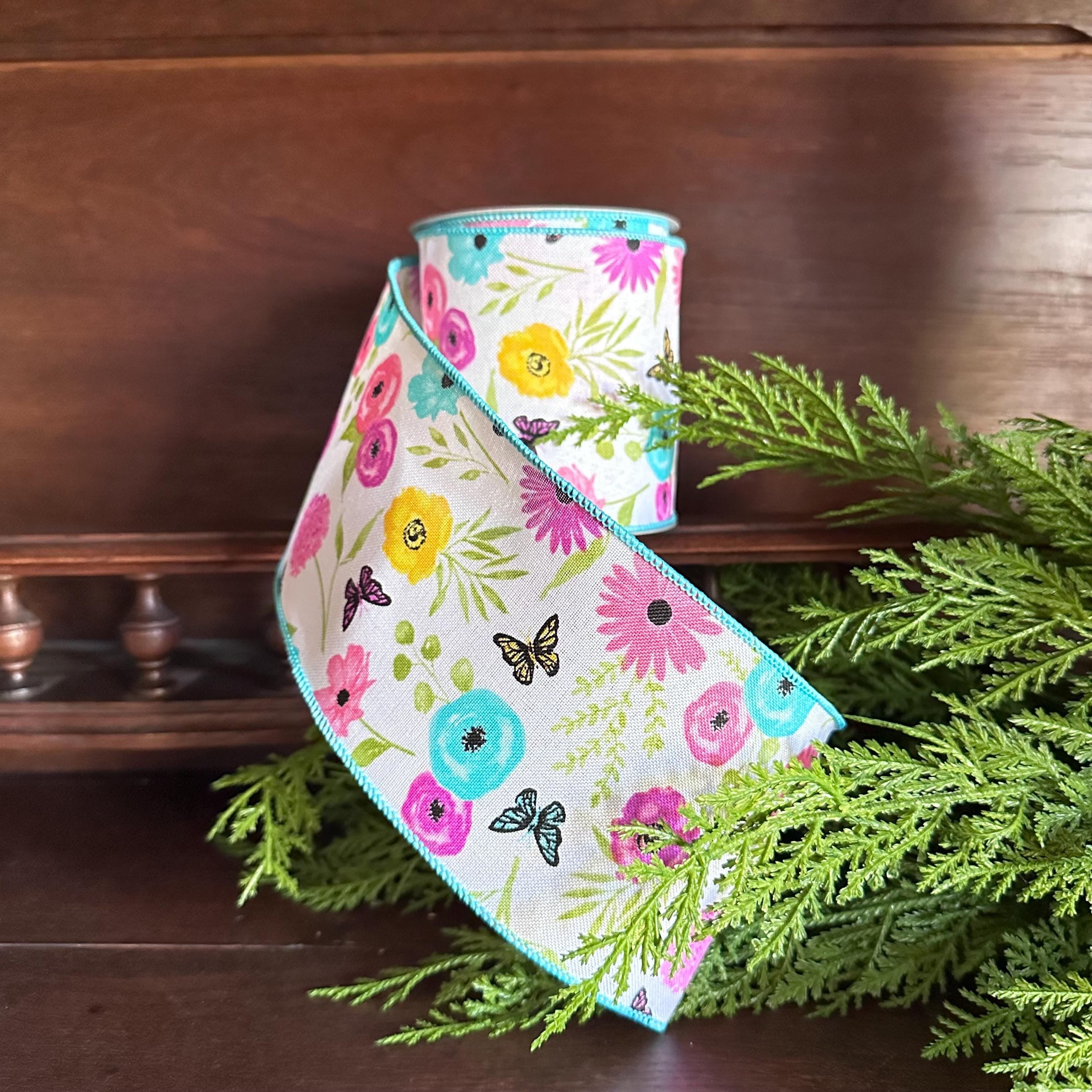 Floral Wired Ribbon Wildflower Ribbon with Greenery Butterflies for Wreaths Bows Craft Gift Wrapping Spring Summer Home Decor Spring Ribbon