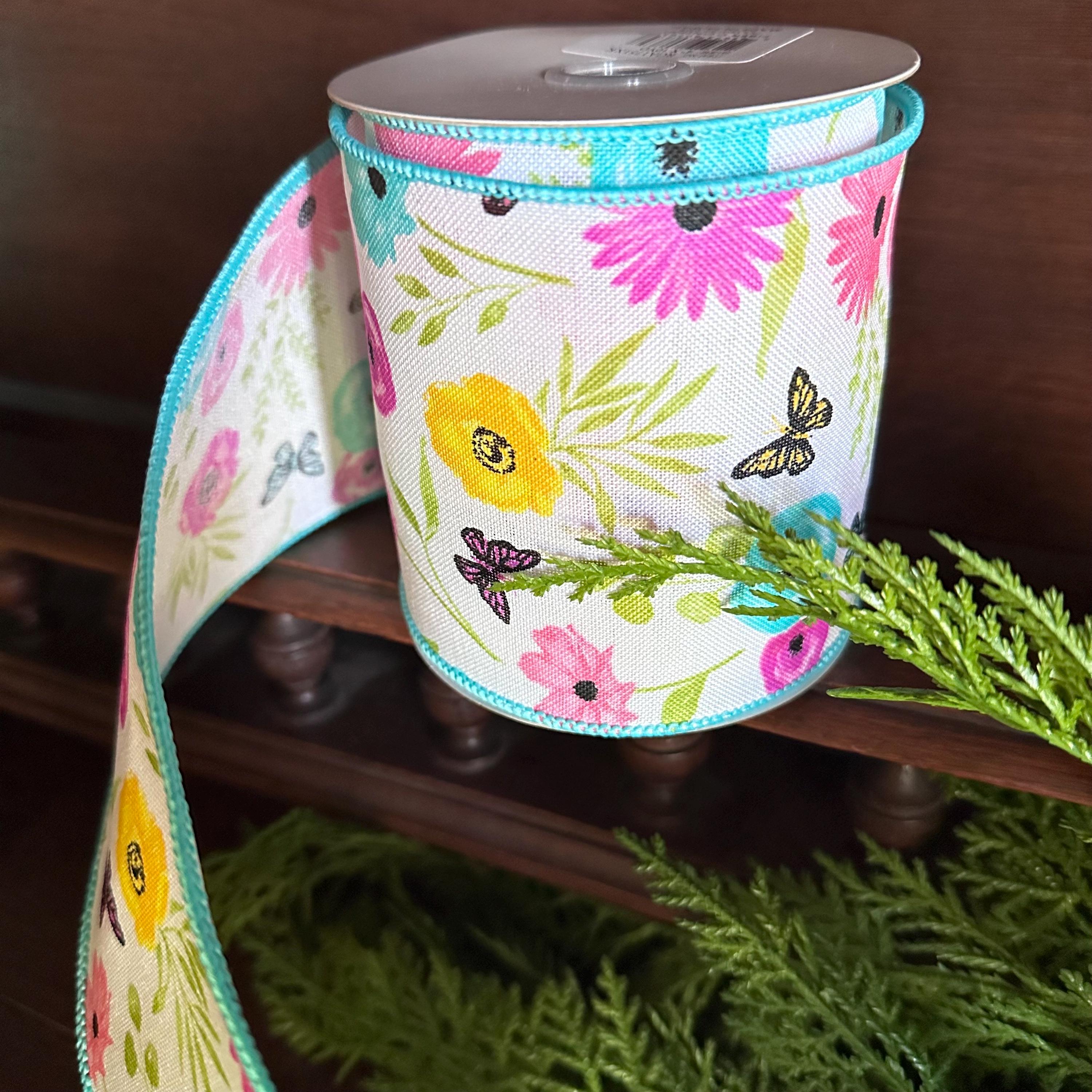 Floral Wired Ribbon Wildflower Ribbon with Greenery Butterflies for Wreaths Bows Craft Gift Wrapping Spring Summer Home Decor Spring Ribbon