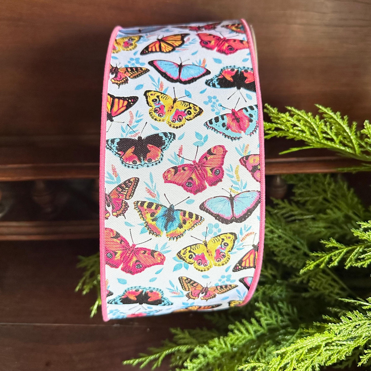 Pink Butterfly Wired Ribbon, Designer Ribbon, Spring Ribbon for Wreaths, Bows, Floral Decor, Easter Ribbon Craft Supply Wide Ribbon