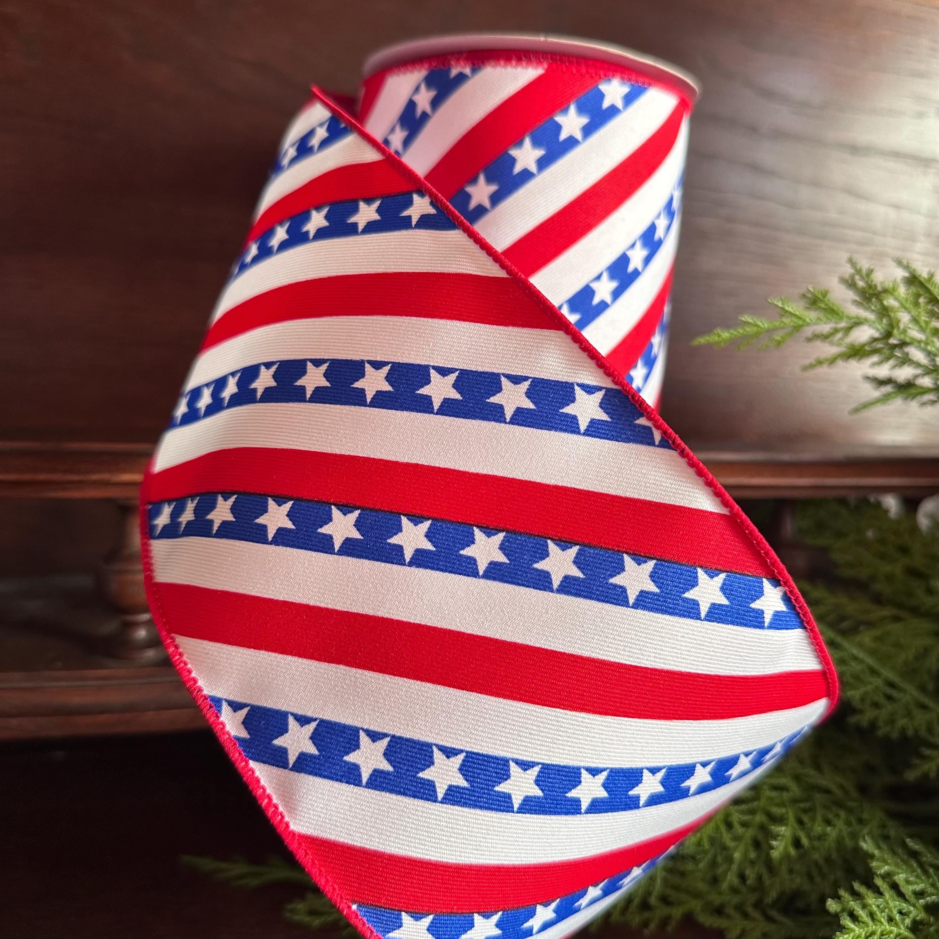Red White and Blue Patriotic Wired Ribbon – Stars and Stripes 4 Inch Ribbon for Wreaths Bows and 4th of July Decor