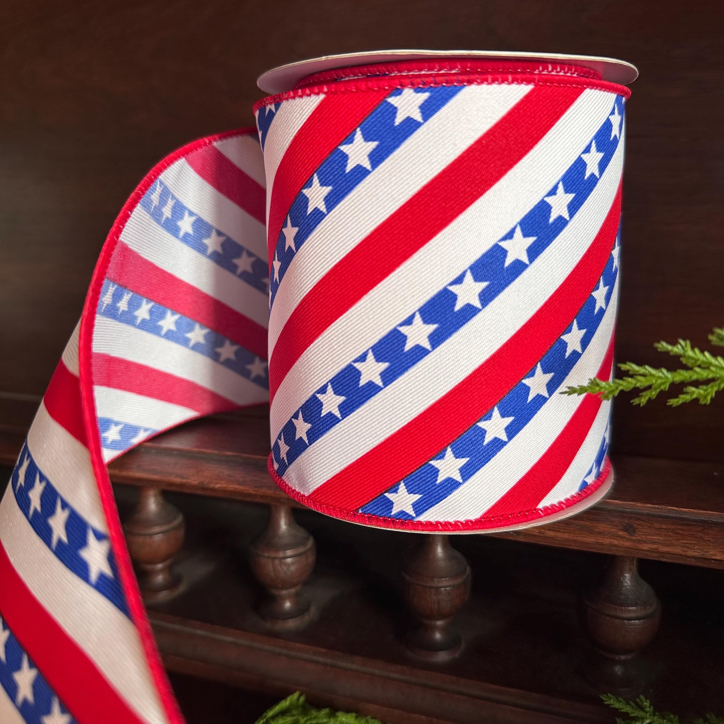 Red White and Blue Patriotic Wired Ribbon – Stars and Stripes 4 Inch Ribbon for Wreaths Bows and 4th of July Decor