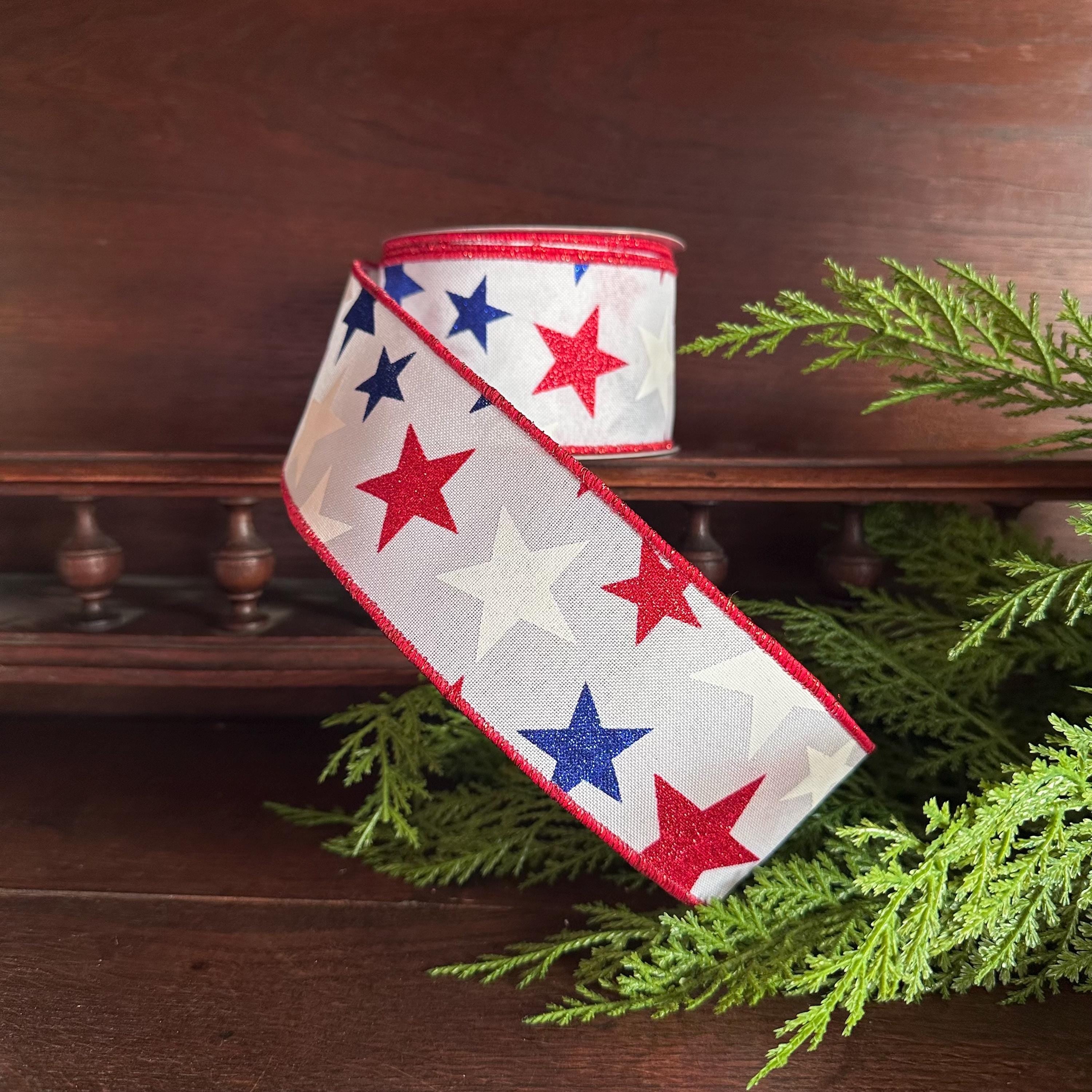 Patriotic Star Ribbon Red White Blue Glitter Stars Wired Ribbon Fourth of July Decor Wreath Ribbon Bow Making
