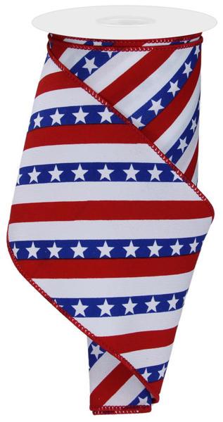 This 4-inch x 10-yard wired ribbon features a bold red, white, and blue stars and stripes design, resembling the American flag. The ribbon has diagonal red and white stripes, with a blue band of white five-pointed stars running across. The wired edges are finished in red, ensuring the ribbon holds its shape for bows and decorations. Perfect for patriotic wreaths, 4th of July crafts, Memorial Day decor, and DIY projects, this ribbon adds a festive and patriotic touch. 🇺🇸✨