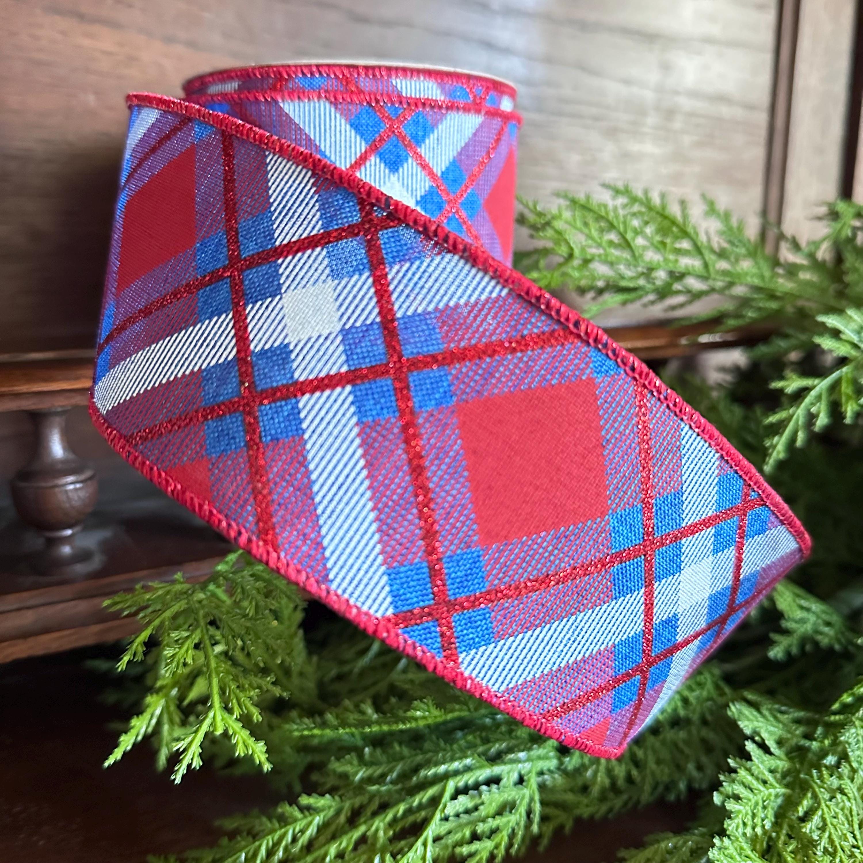 Plaid ribbon, Red White Blue Plaid, Wired Ribbon, 4th of July Decor, Craft Supply, Americana Decor, Summer Ribbon, gift wrapping