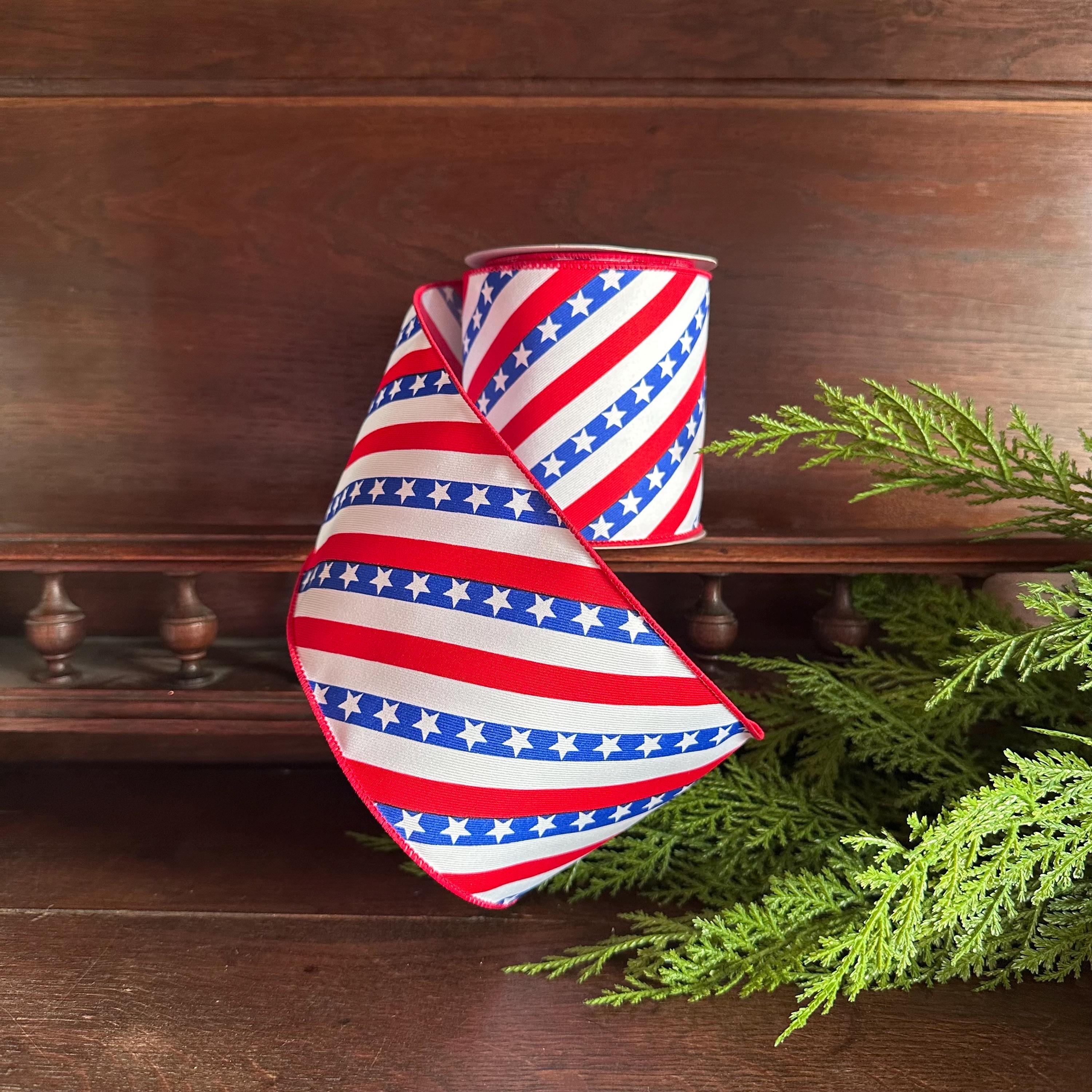 Red White and Blue Patriotic Wired Ribbon – Stars and Stripes 4 Inch Ribbon for Wreaths Bows and 4th of July Decor