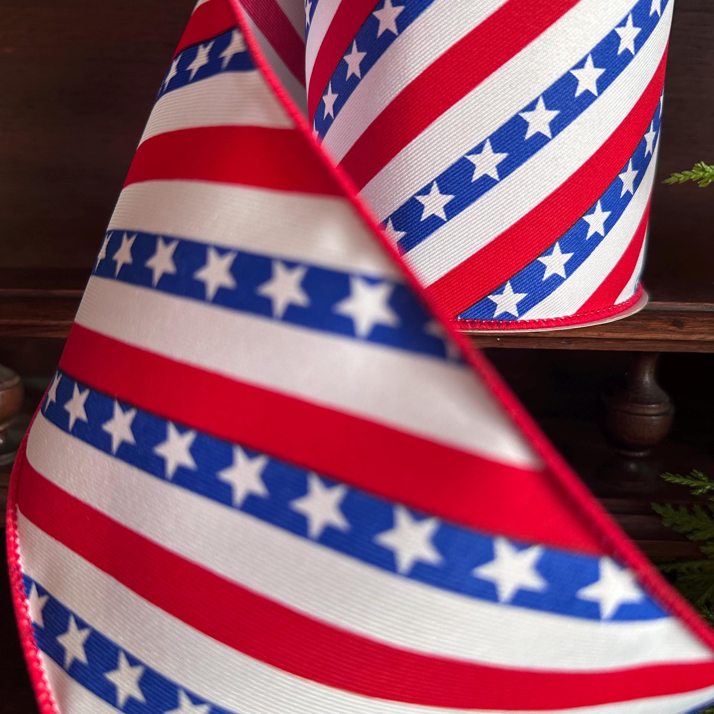 Red White and Blue Patriotic Wired Ribbon – Stars and Stripes 4 Inch Ribbon for Wreaths Bows and 4th of July Decor
