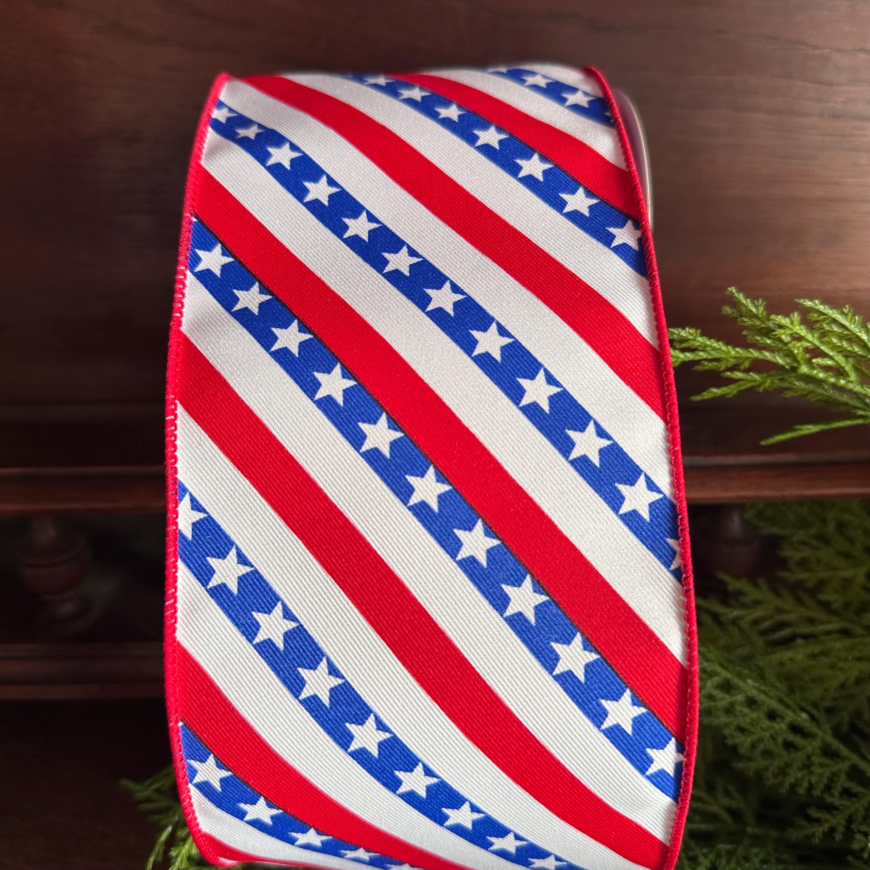 Red White and Blue Patriotic Wired Ribbon – Stars and Stripes 4 Inch Ribbon for Wreaths Bows and 4th of July Decor