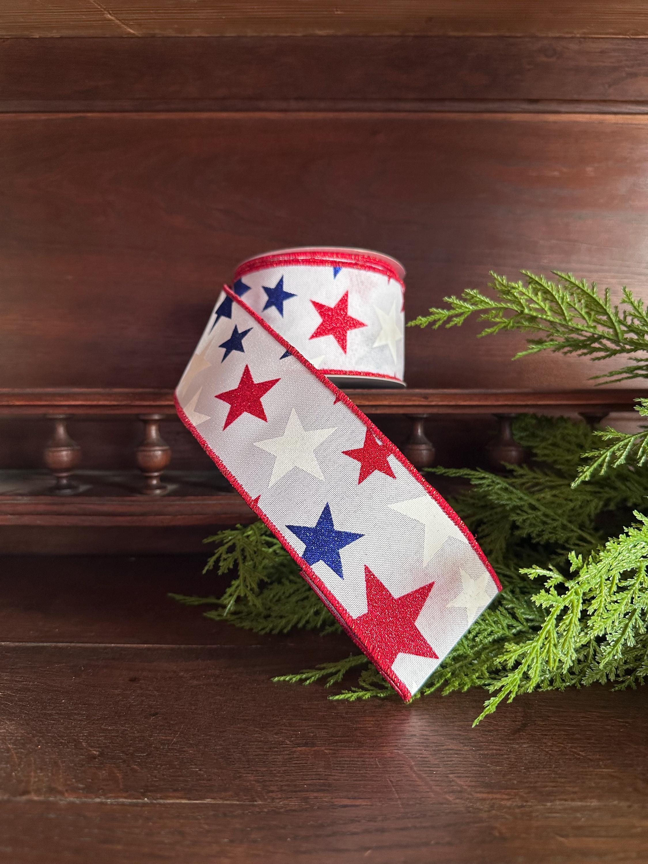 Patriotic Star Ribbon Red White Blue Glitter Stars Wired Ribbon Fourth of July Decor Wreath Ribbon Bow Making