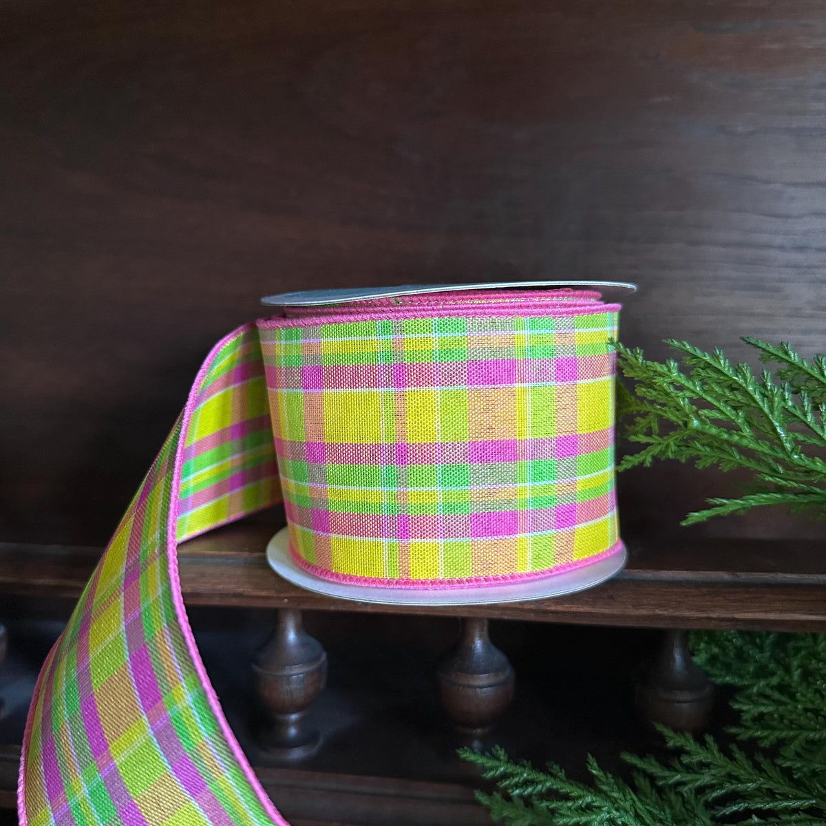 Pink Yellow Plaid Wired Ribbon, Spring Easter Ribbon, Plaid Ribbon for Wreaths, Bows & Floral Crafting
