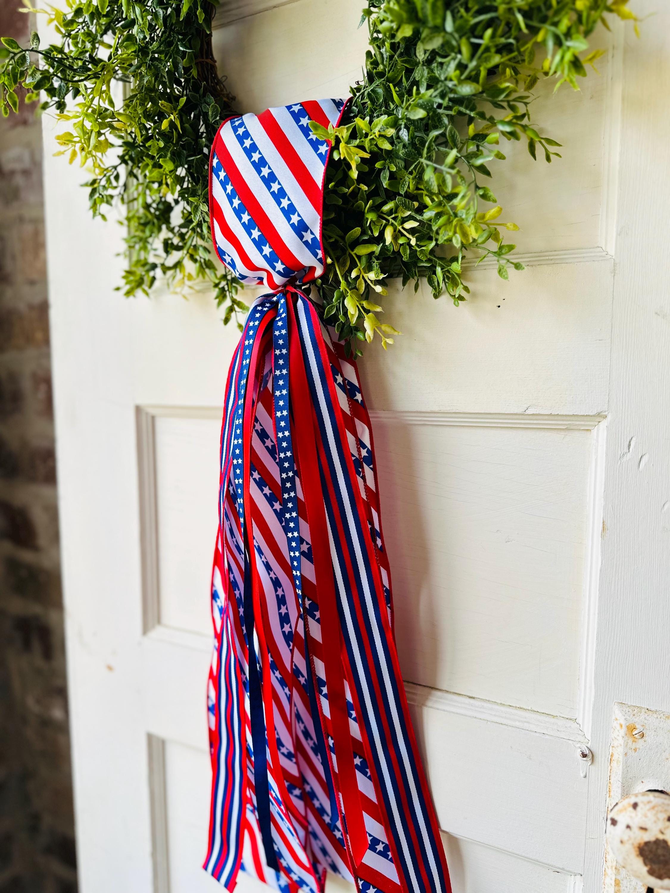Red white blue plaid wreath sash patriotic front door ribbon bow 4th of July boxwood wreath decor Americana wired ribbon sash