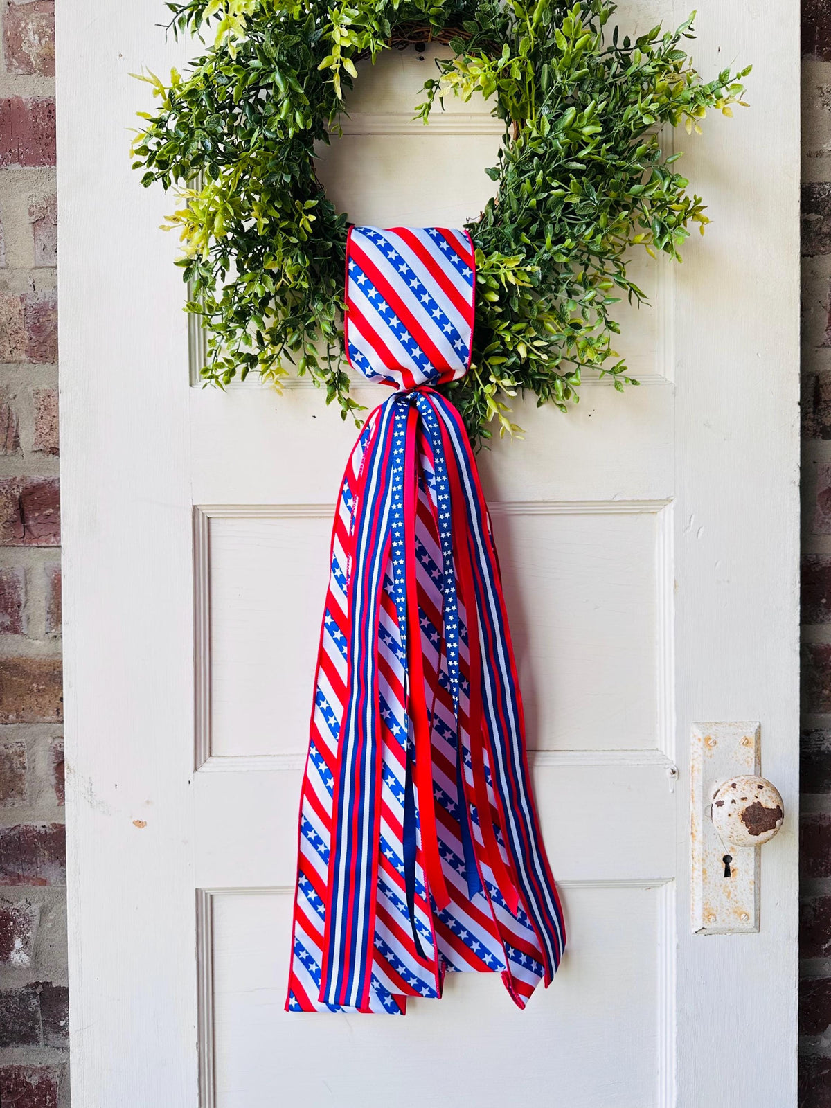 Red white blue plaid wreath sash patriotic front door ribbon bow 4th of July boxwood wreath decor Americana wired ribbon sash