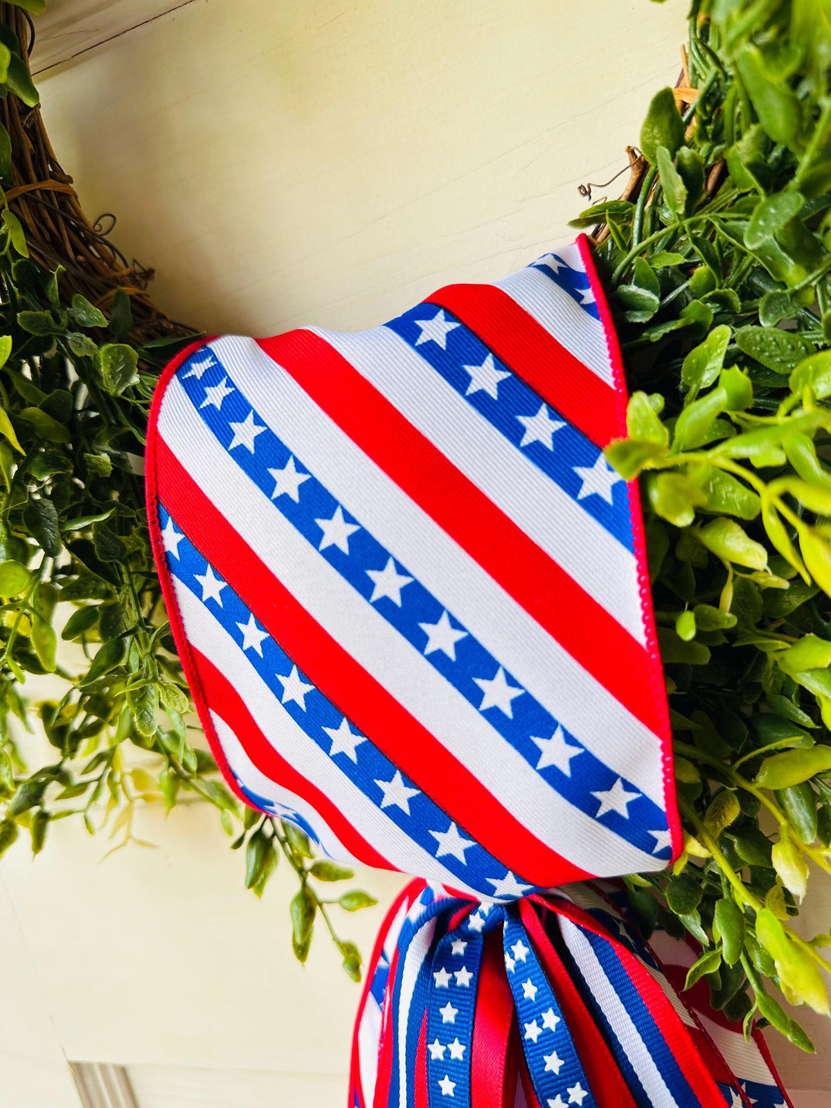 Red white blue plaid wreath sash patriotic front door ribbon bow 4th of July boxwood wreath decor Americana wired ribbon sash