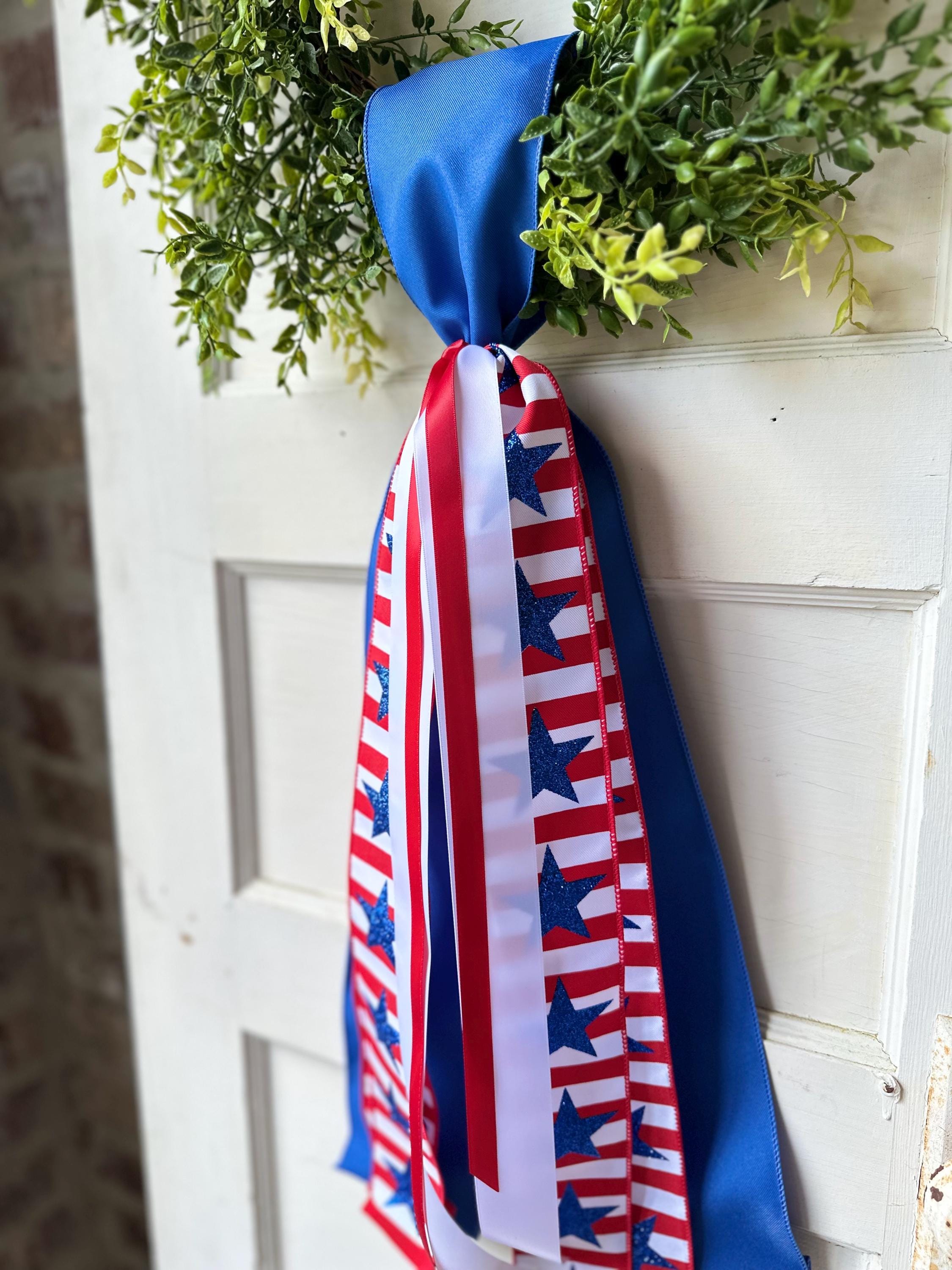 Red white blue plaid wreath sash patriotic front door ribbon bow 4th of July boxwood wreath decor Americana wired ribbon sash stars stripes