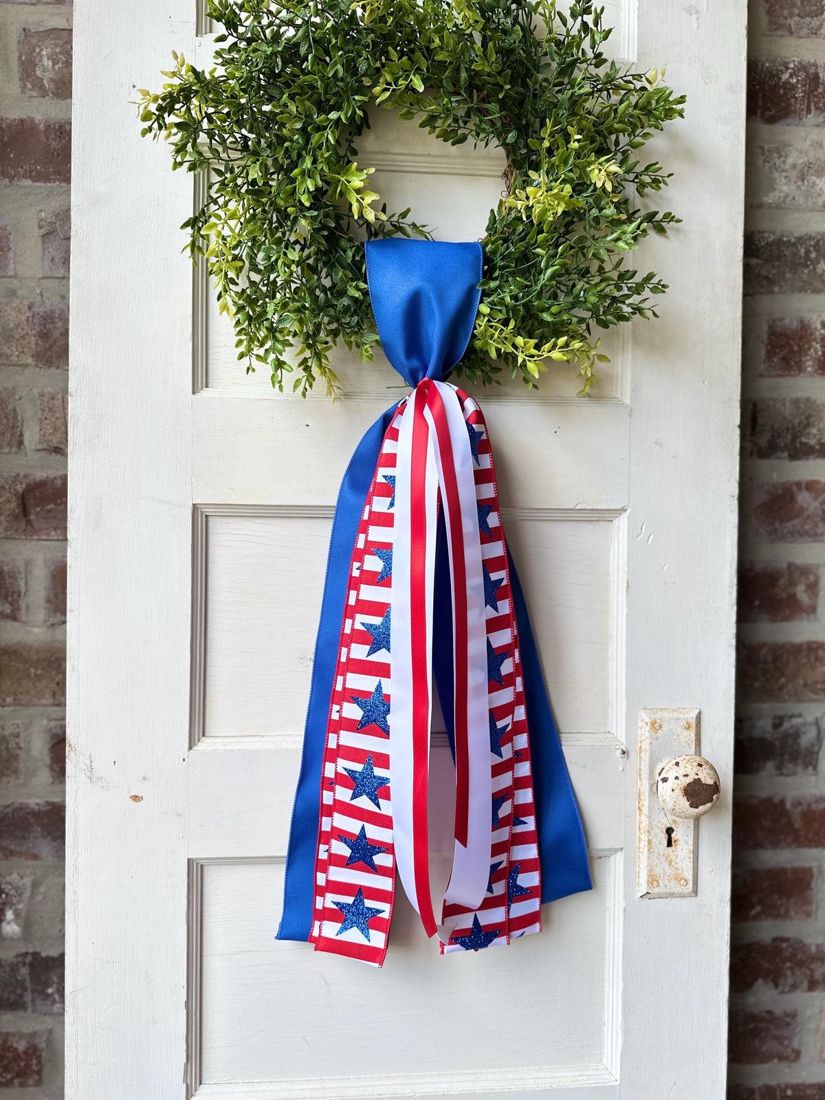 Red white blue plaid wreath sash patriotic front door ribbon bow 4th of July boxwood wreath decor Americana wired ribbon sash stars stripes