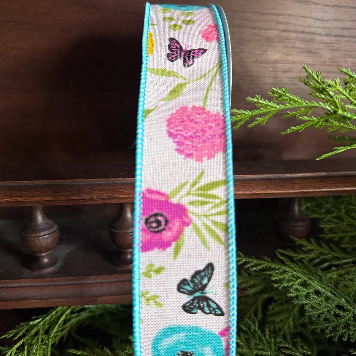 Wildflower Butterfly Wired Ribbon for Wreaths and Bows – Spring Floral Crafting Supplies