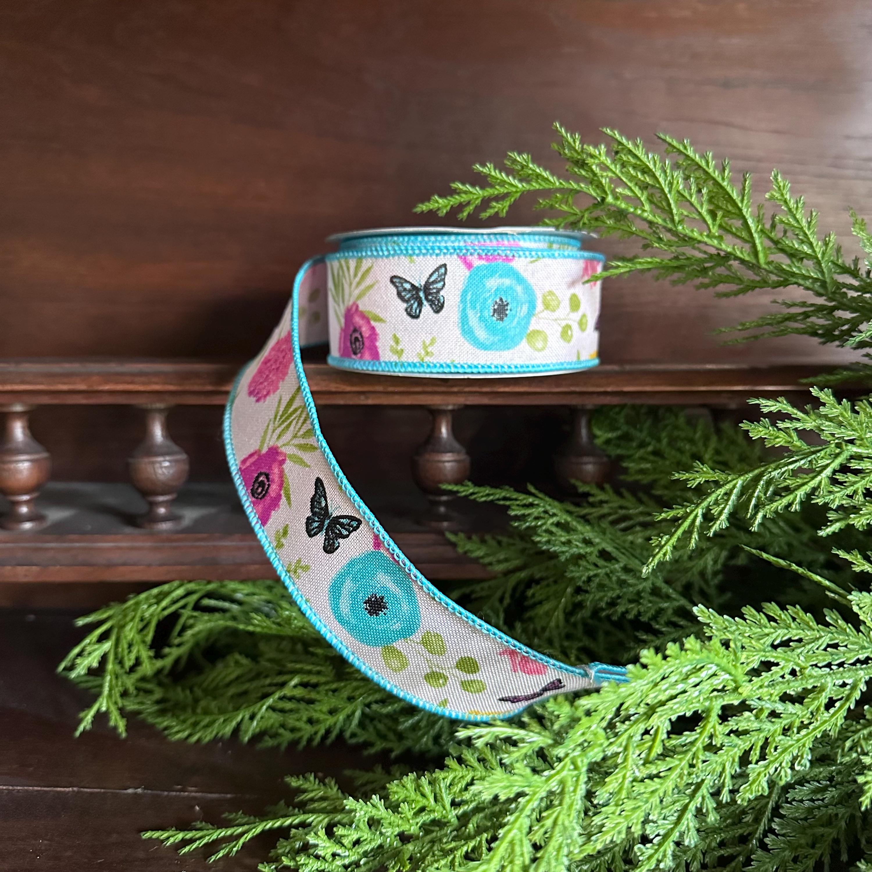Wildflower Butterfly Wired Ribbon for Wreaths and Bows – Spring Floral Crafting Supplies