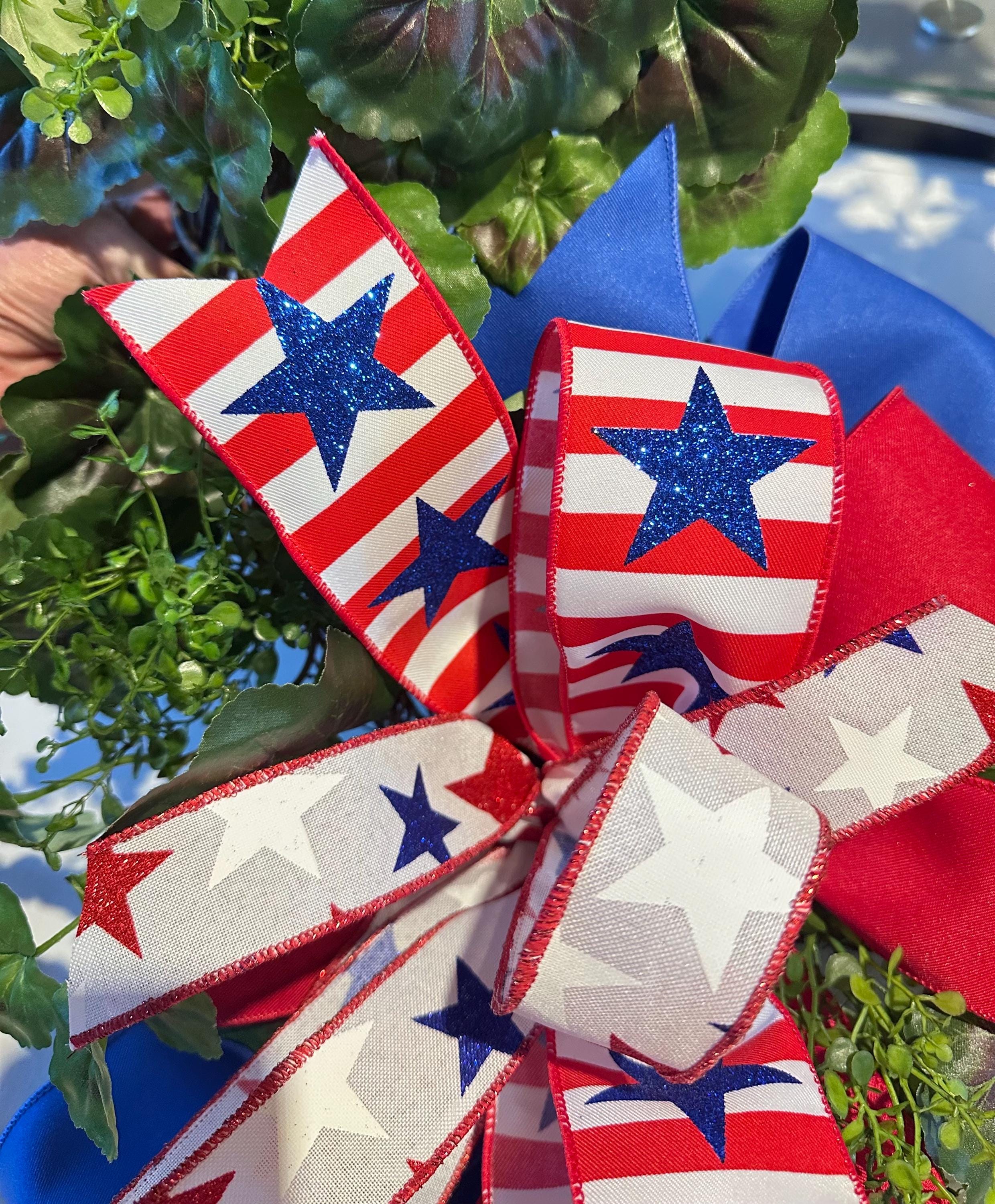 Patriotic Stars and Stripes Wired Ribbon, Red White Blue USA Decor Ribbon