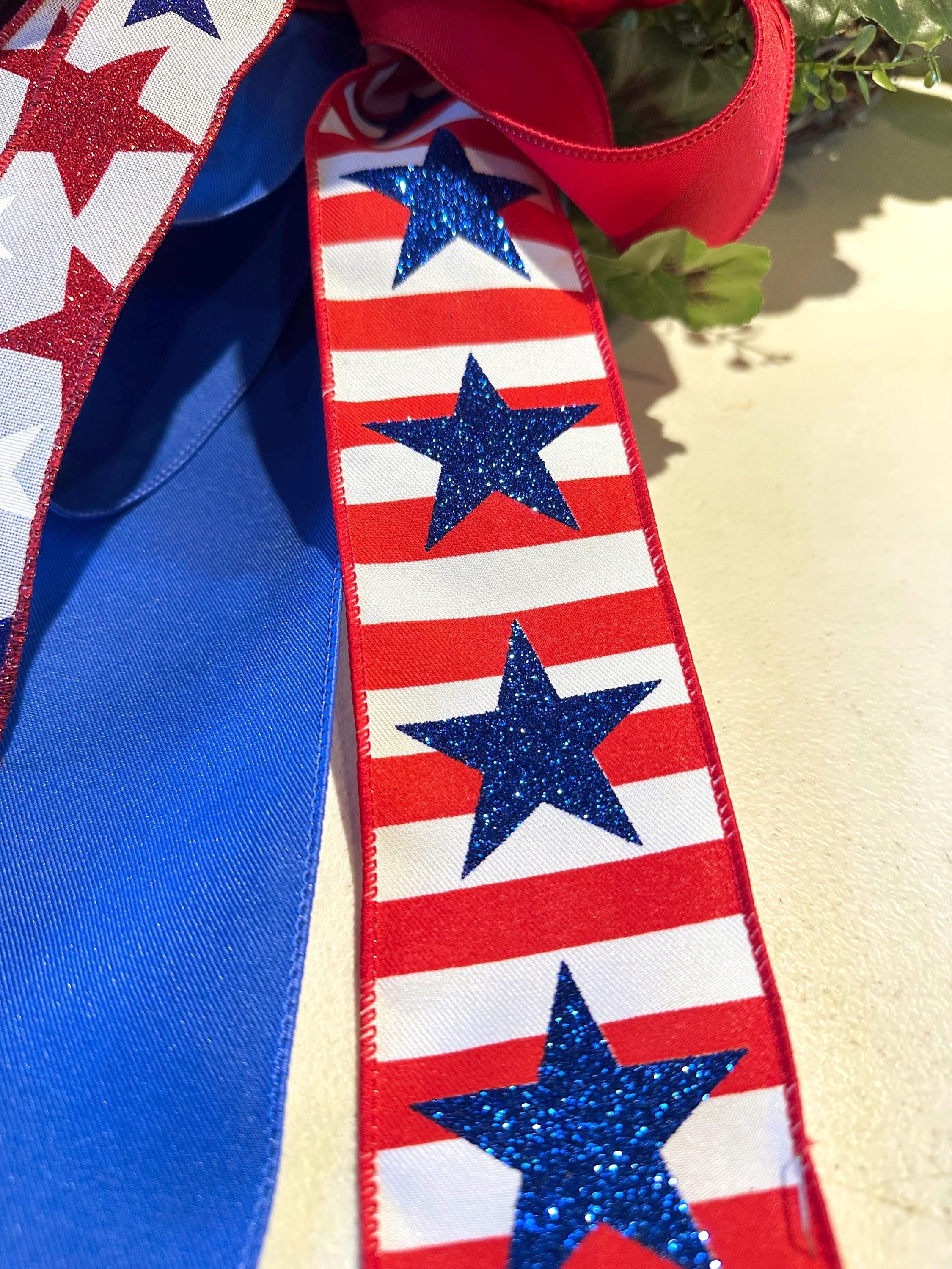 Patriotic Stars and Stripes Wired Ribbon, Red White Blue USA Decor Ribbon