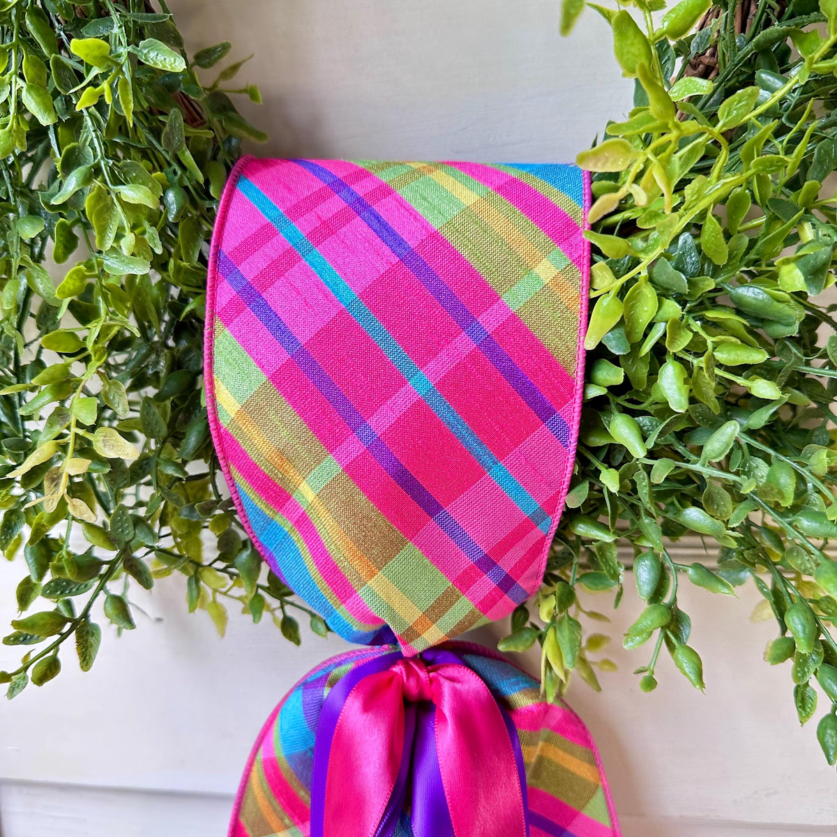 Summer Wreath Ribbon for Wreath Colorful Plaid Pattern Satin Accent Spring Sash Hot Pink Purple Blue Lime Green Design Summer Sash Enhancement Beautiful Bright Display Summer Decor Collection Craft Supply Quality Construction Fixed Size