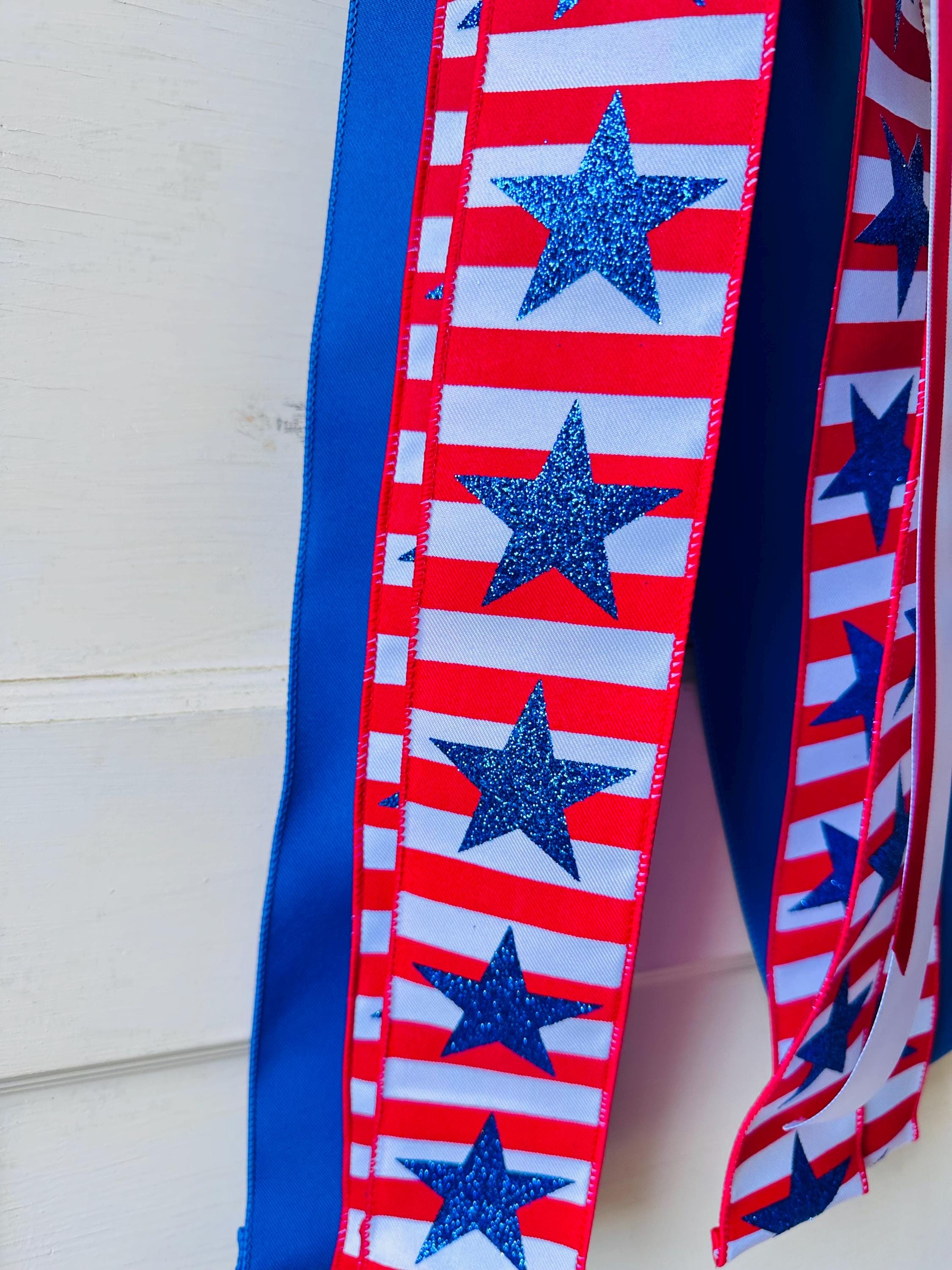 Red white blue plaid wreath sash patriotic front door ribbon bow 4th of July boxwood wreath decor Americana wired ribbon sash stars stripes
