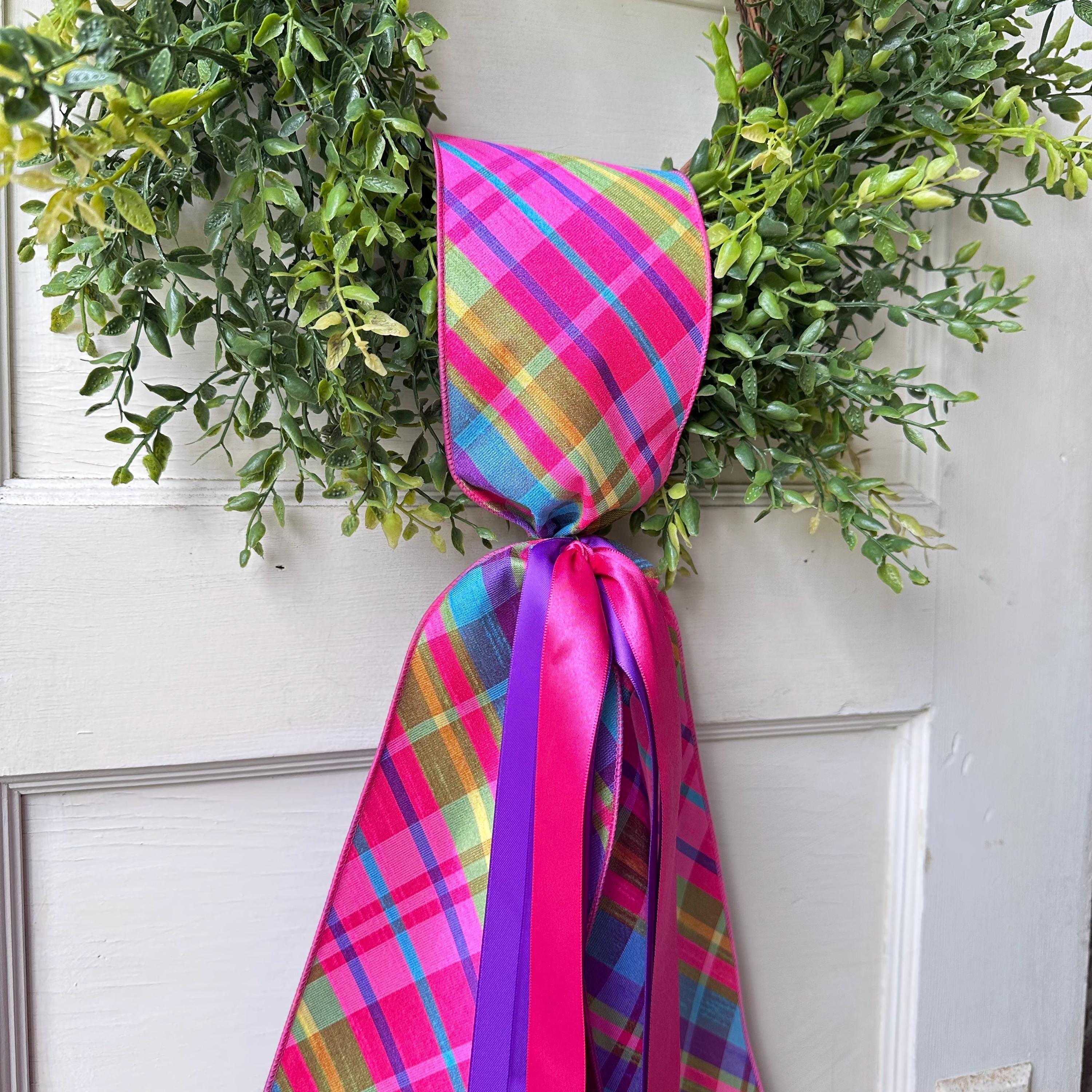 Summer Wreath Ribbon for Wreath Colorful Plaid Pattern Satin Accent Spring Sash Hot Pink Purple Blue Lime Green Design Summer Sash Enhancement Beautiful Bright Display Summer Decor Collection Craft Supply Quality Construction Fixed Size