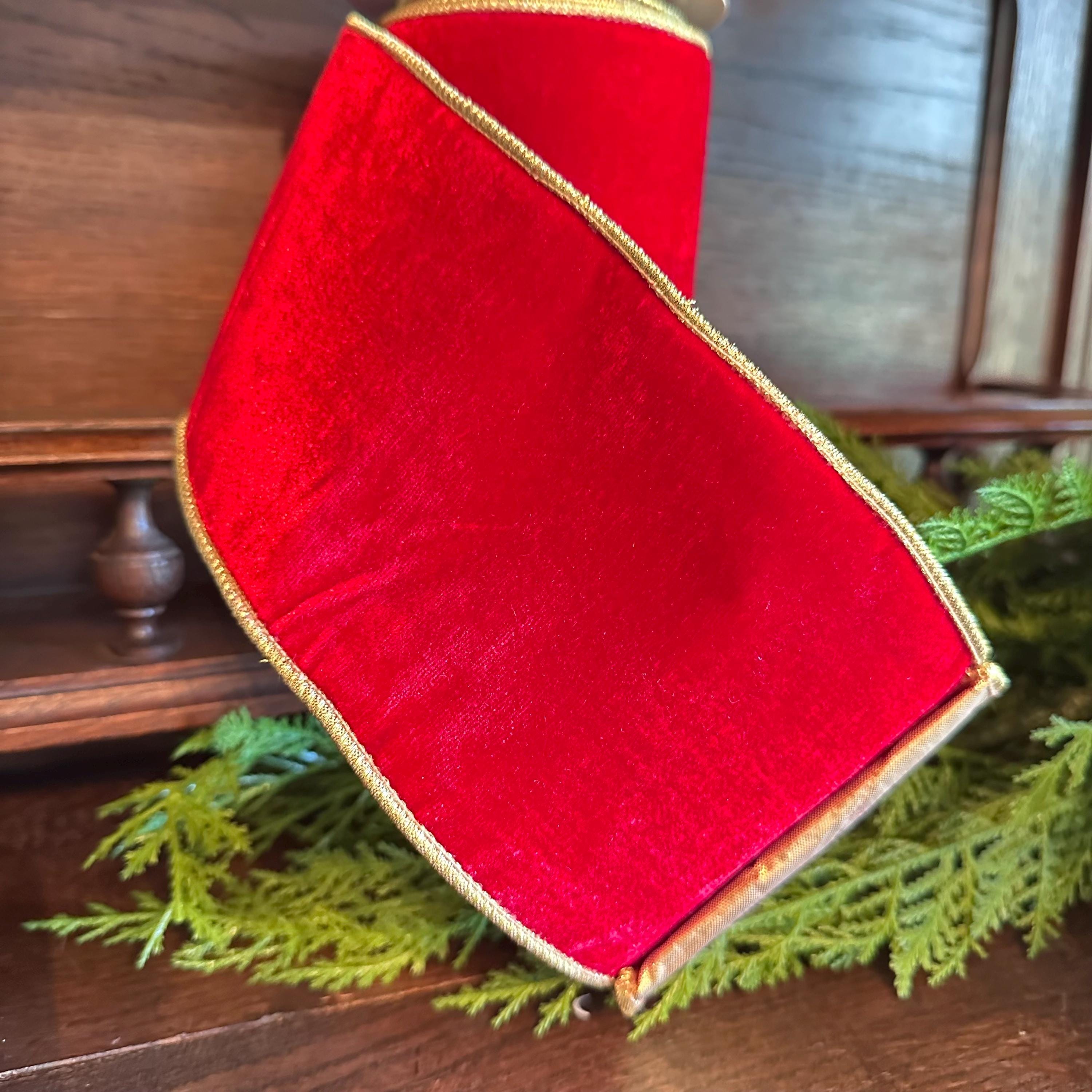Red Velvet Christmas Ribbon Luxury Wired Ribbon with Gold Edge & Gold Backing Designer Wreath Ribbon, Wide Ribbon 4 Inch, 5 Yard Roll
