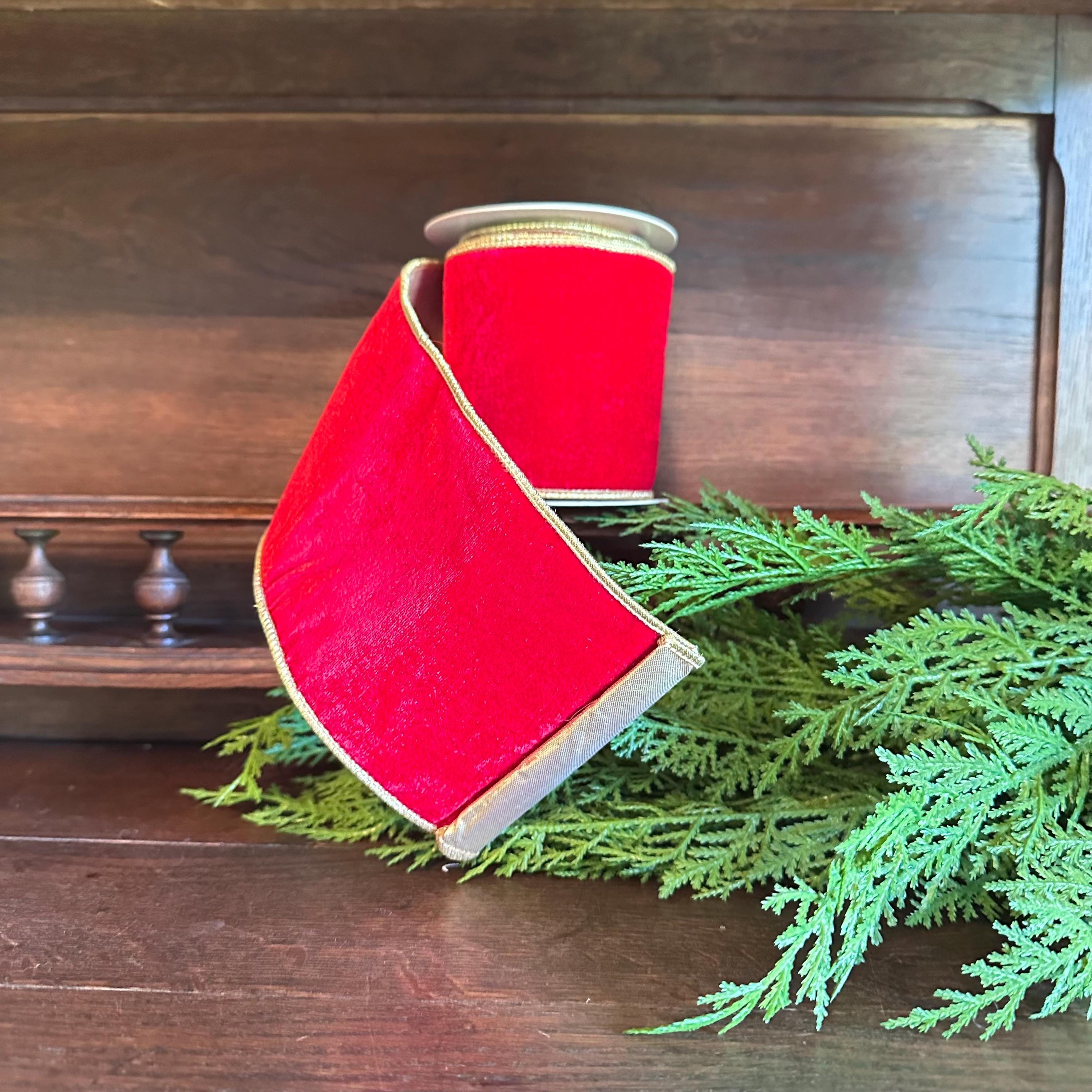 Red Velvet Christmas Ribbon Luxury Wired Ribbon with Gold Edge & Gold Backing Designer Wreath Ribbon, Wide Ribbon 4 Inch, 5 Yard Roll