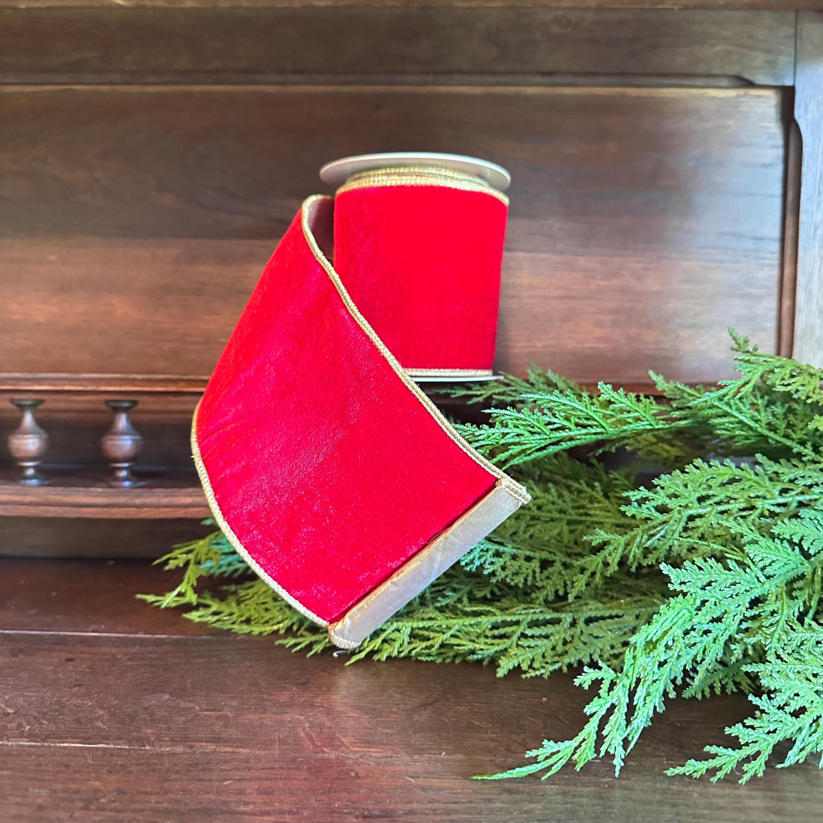 Red Velvet Christmas Ribbon | Gold Backed Wired Designer Ribbon