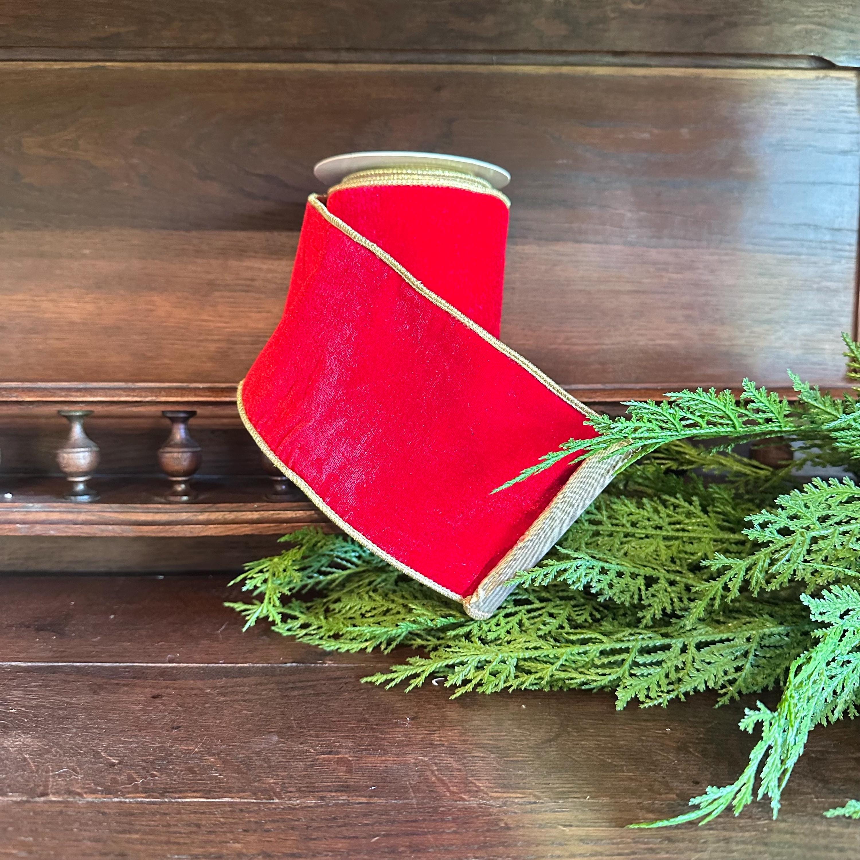 Designer Ribbon Traditional Velvet Ribbon True Red with Gold Edge Trim Holiday Bow Making Material Classic Style Wreath Supply Elegant Wedding Accent Piece Five Yard Length Four Inch Width Wired Edge Construction Professional Grade Craft